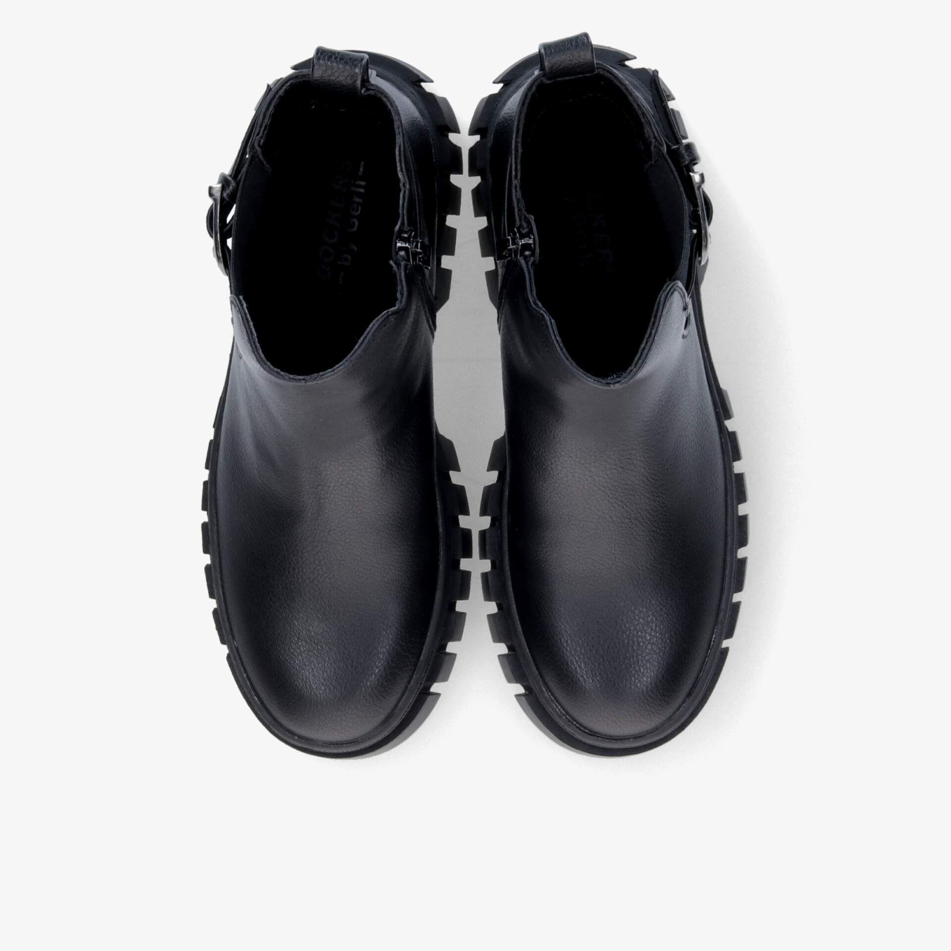 Elegantes Paar schwarzer Booties aus glattem Leder mit robuster, rutschfester Sohle, bequem und strapazierfähig