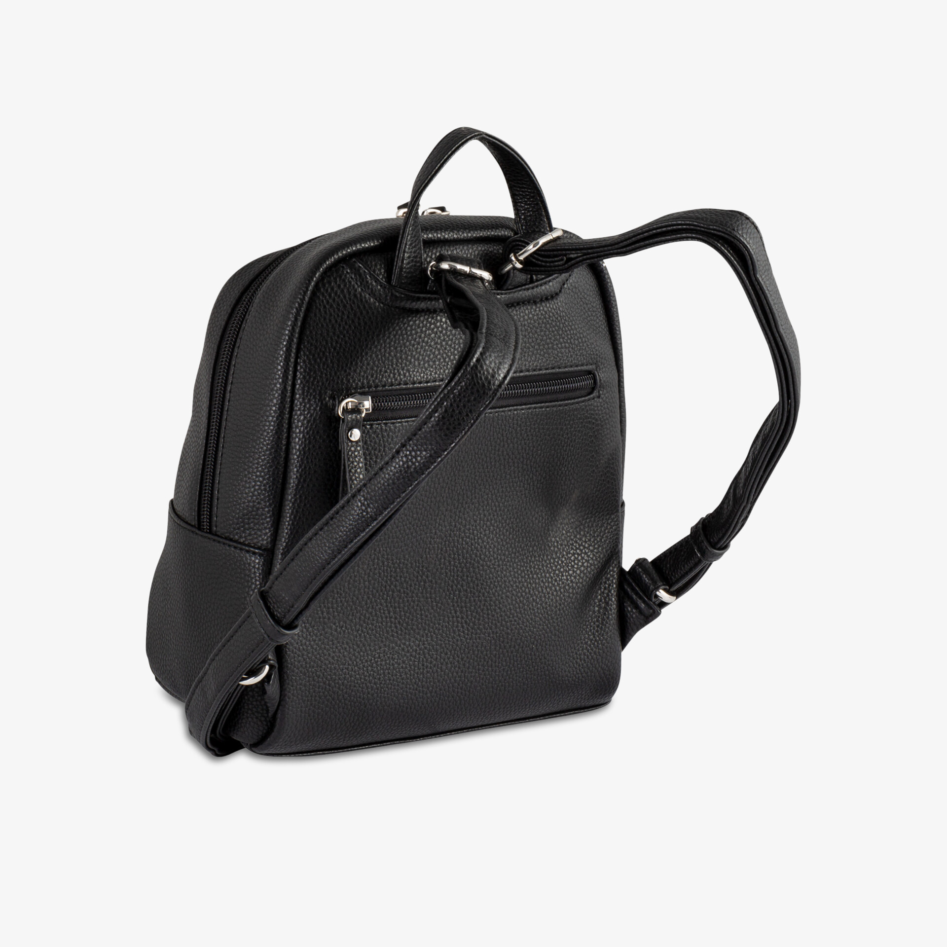 Eleganter schwarzer Lederrucksack mit praktischem Design und kompakter Größe für stilbewusste Träger.