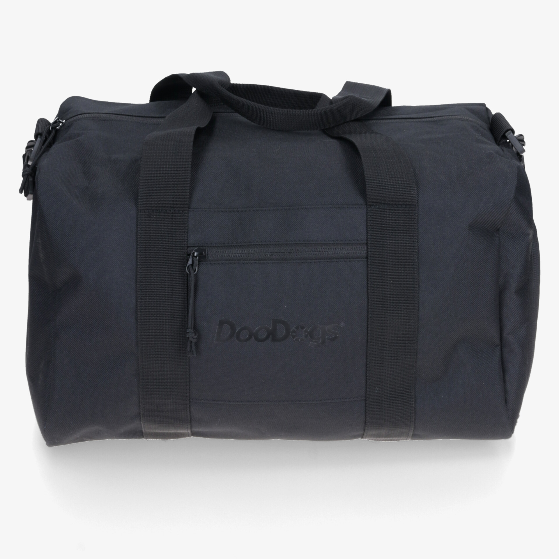 Robuste und geräumige schwarze Reisetasche mit verstellbarem Schultergurt und praktischem Frontreißverschluss