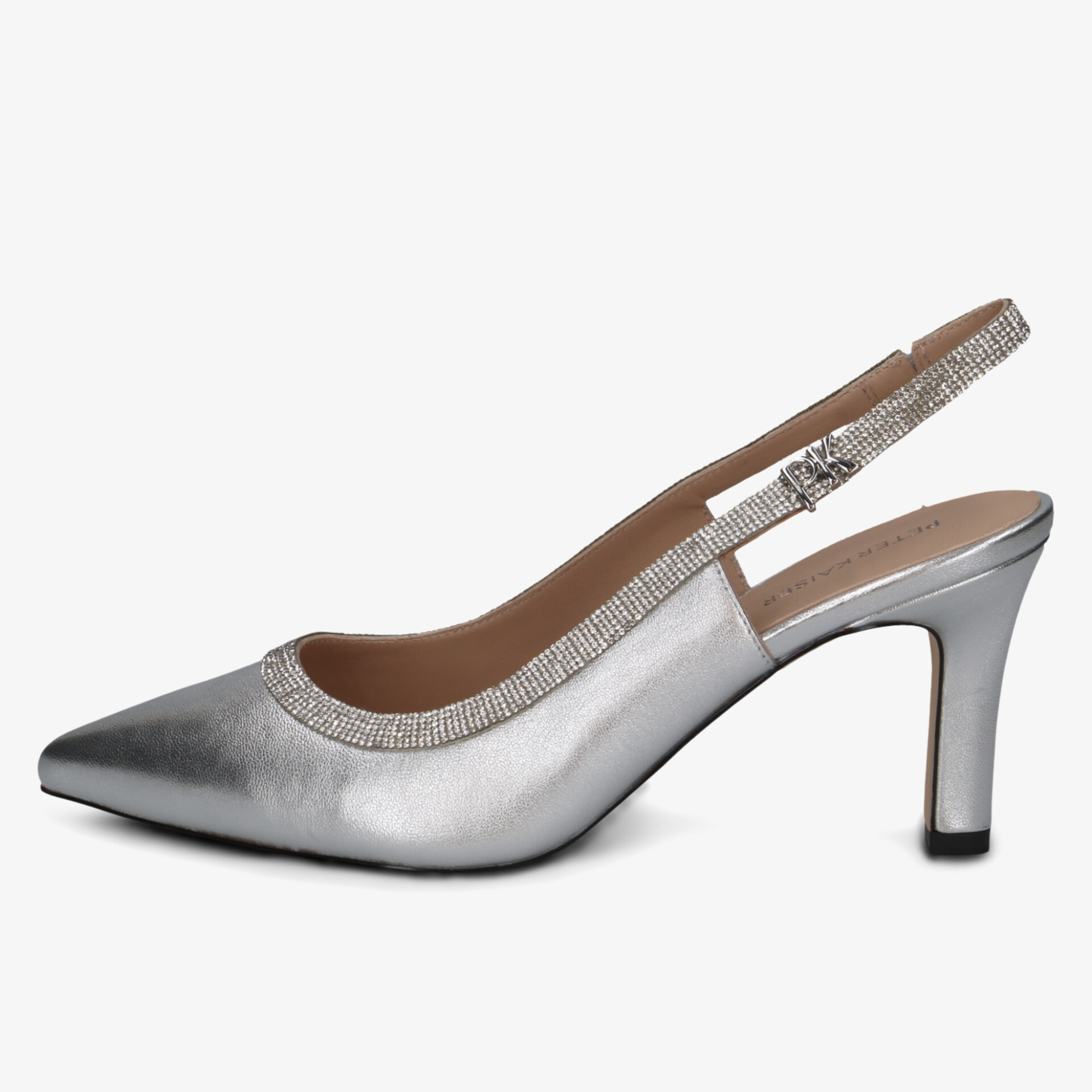 Eleganter silberner Slingback Schuh mit spitz zulaufendem Zehenbereich und glitzernden Details am Riemen