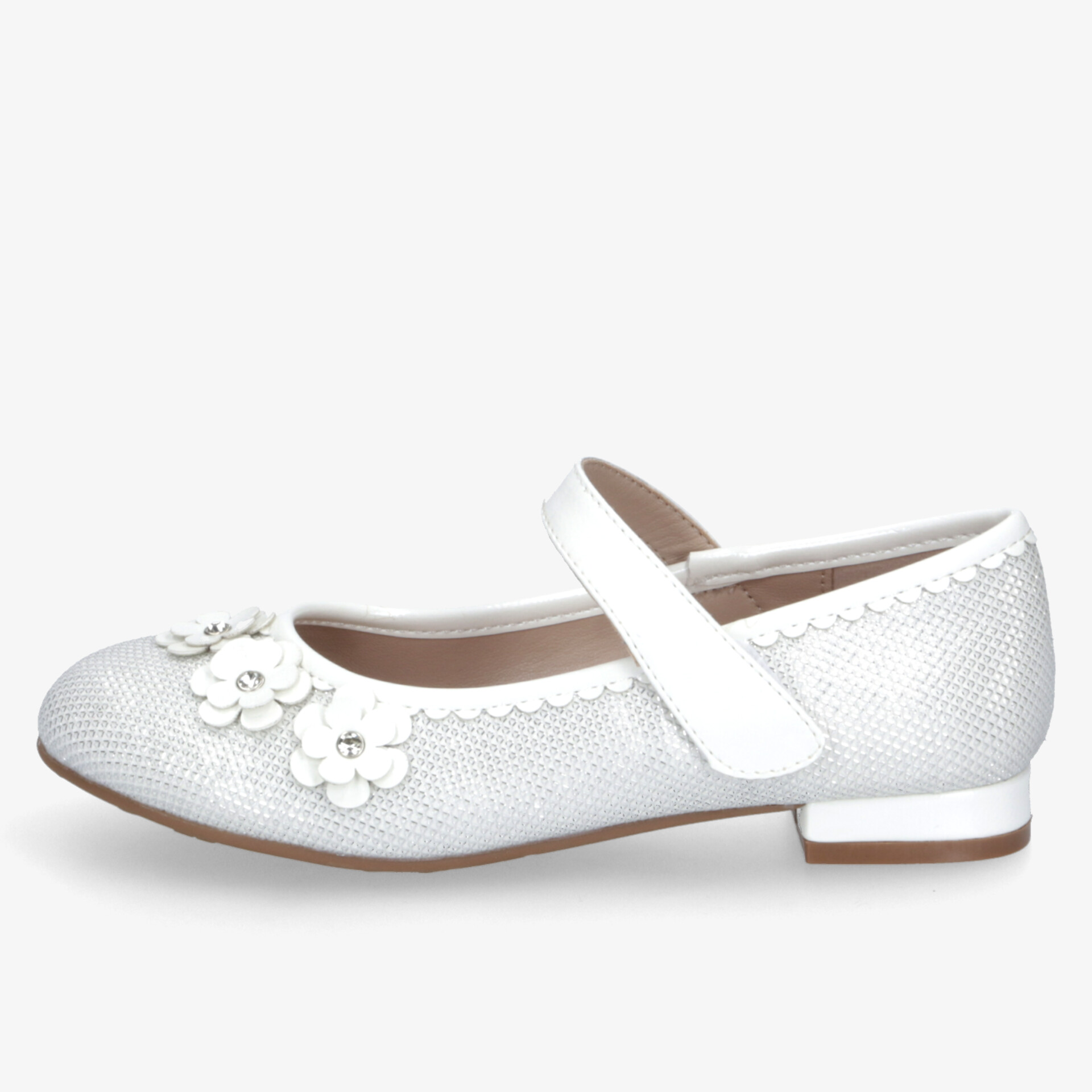 Eleganter weißer Mary Jane Schuh mit Blumenapplikationen, bequemem Riemen und niedrigem Absatz, stilvoll und hochwertig