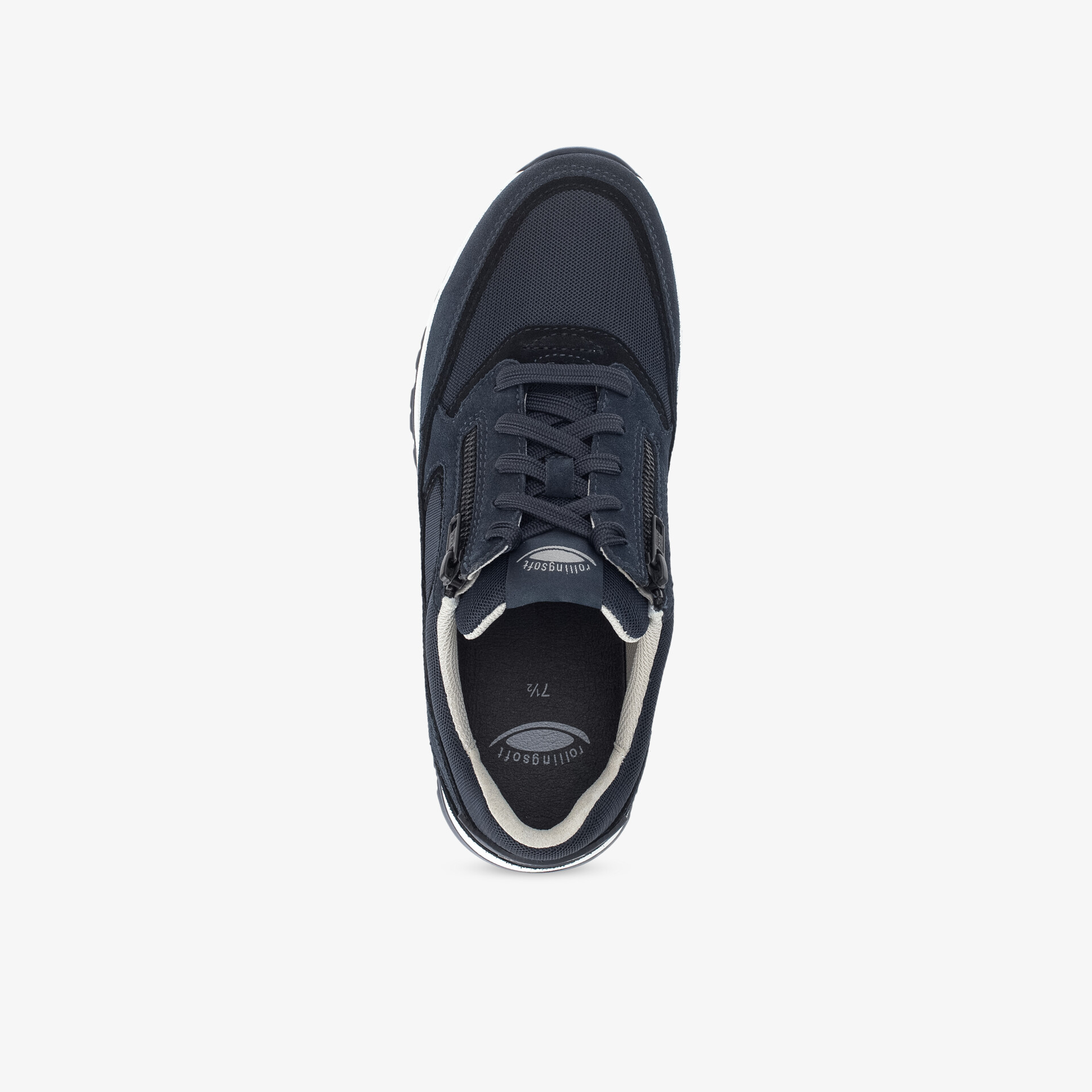 Schwarzer Sneaker mit Schnürsenkeln aus der Draufsicht, bequem und sportlich, modernes Design