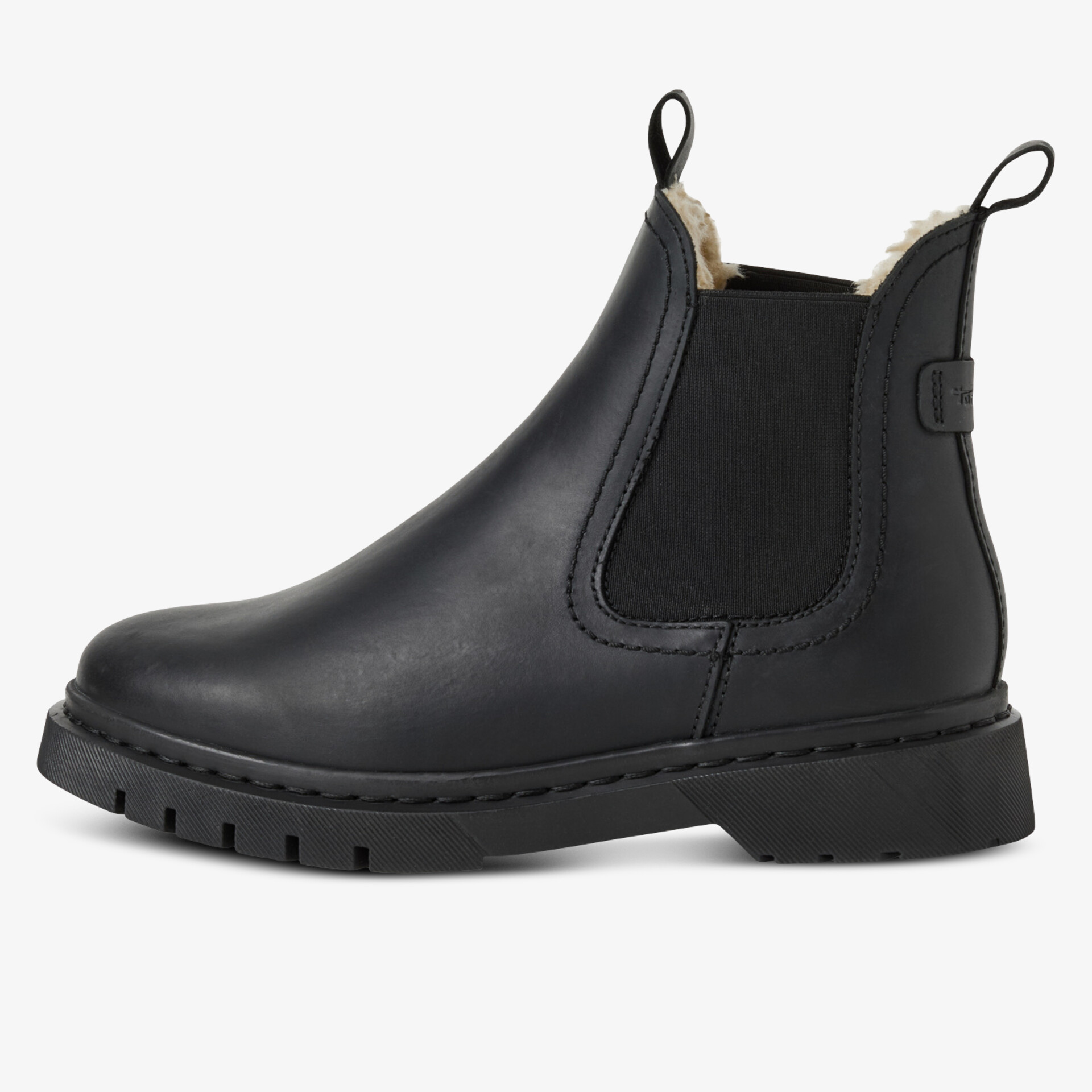 Schwarzer Chelsea Boot aus glattem Leder mit elastischen Einsätzen und robuster Gummisohle für hohen Tragekomfort