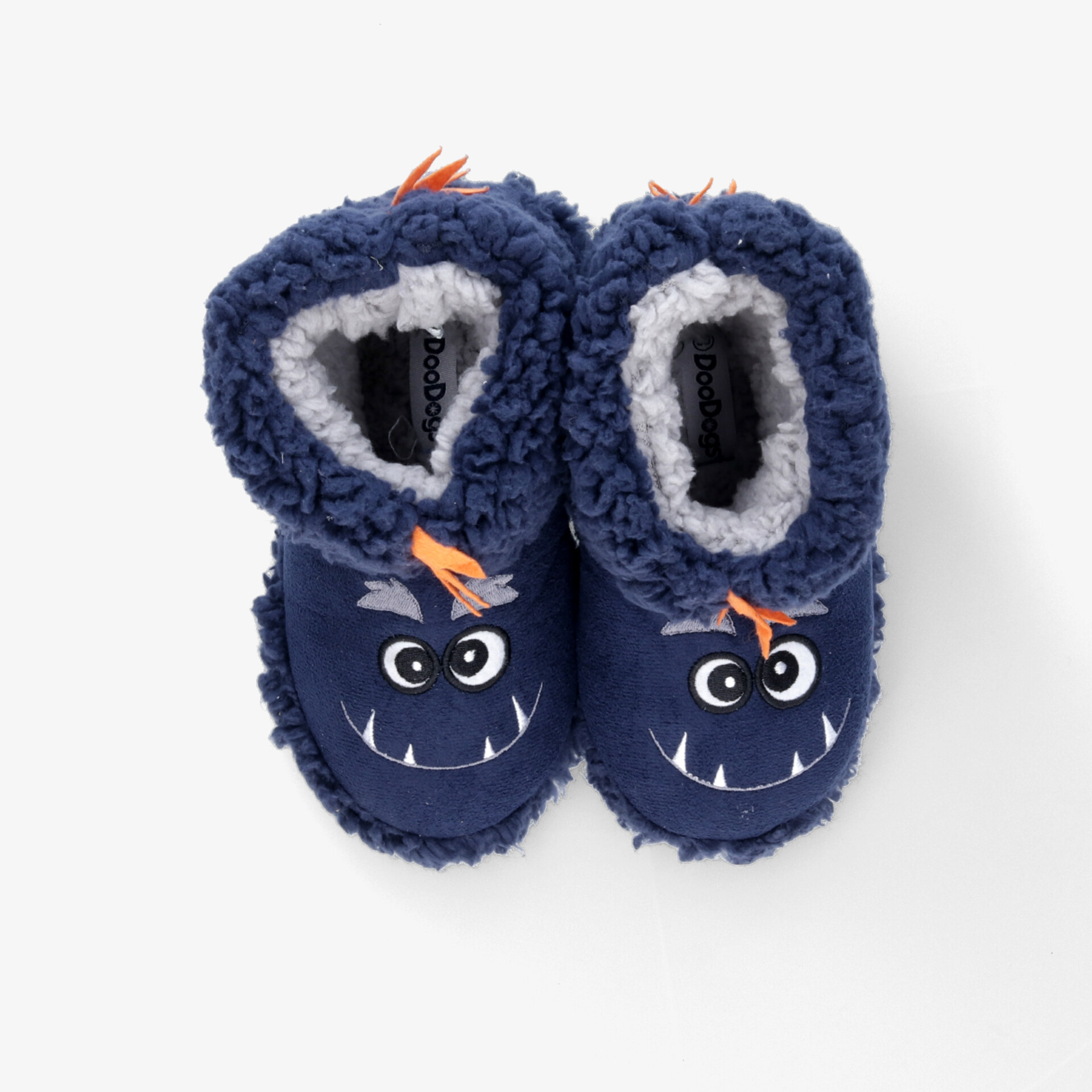 Kuschelige blaue Hausschuhe mit weichem Innenfutter und niedlichem Monster-Gesicht für angenehmen Tragekomfort