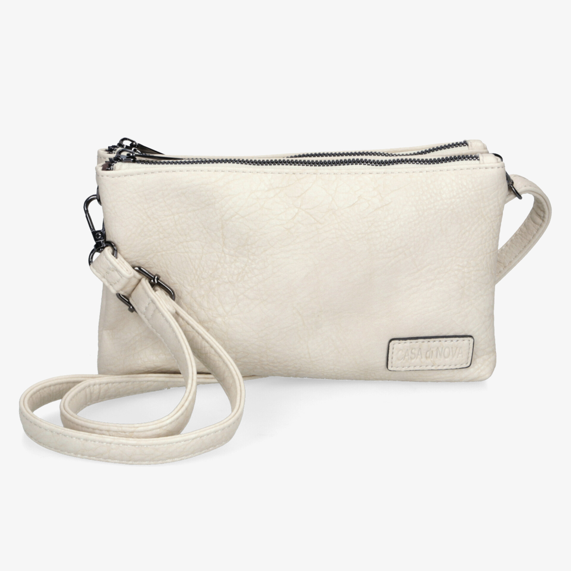 Schlichte beige Umhängetasche mit Reißverschluss, verstellbarem Riemen und geräumigem Innenfach, leicht und elegant