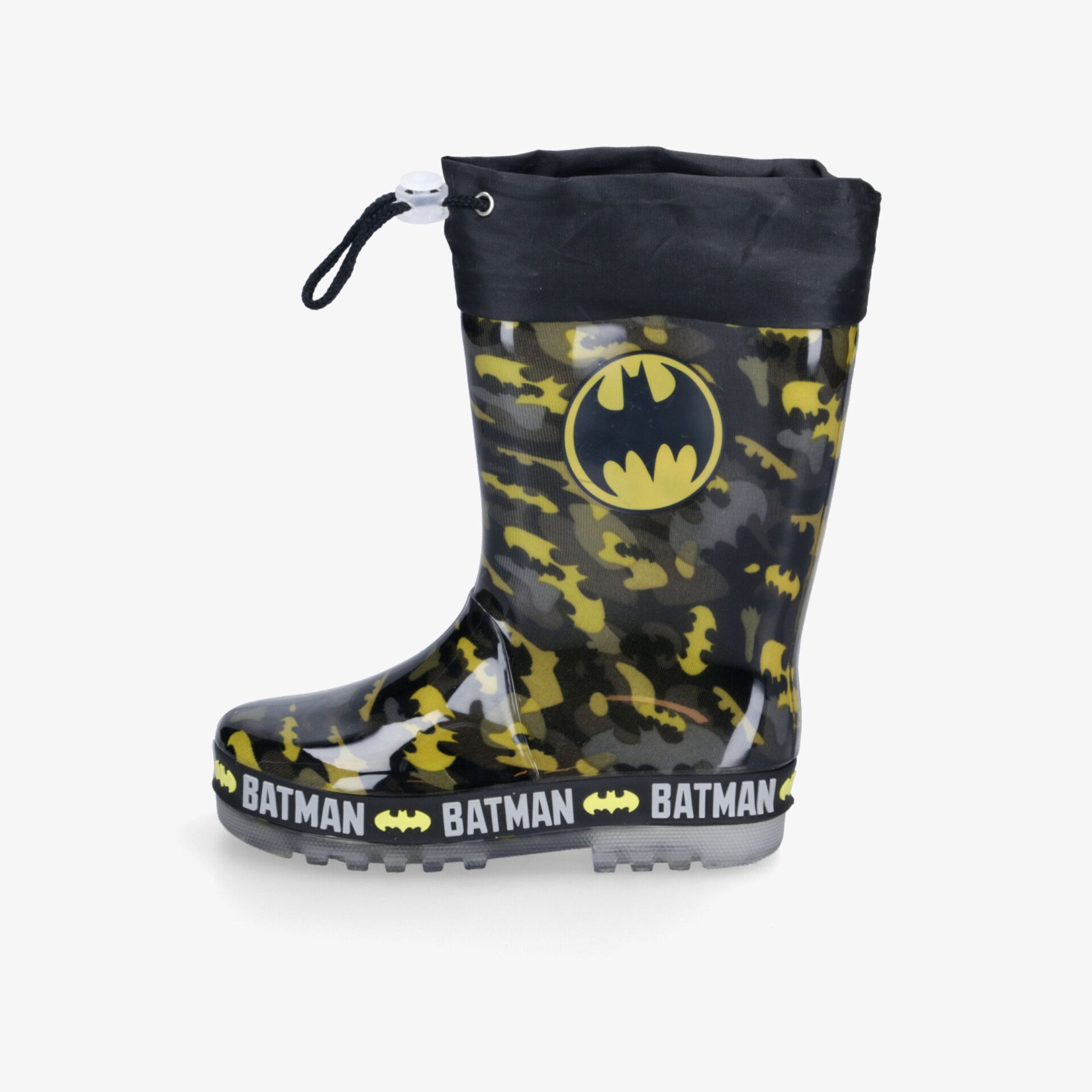 Wasserdichter robuster Gummistiefel mit rutschfester Sohle und Batman-Logo, ideal für nasse Tage