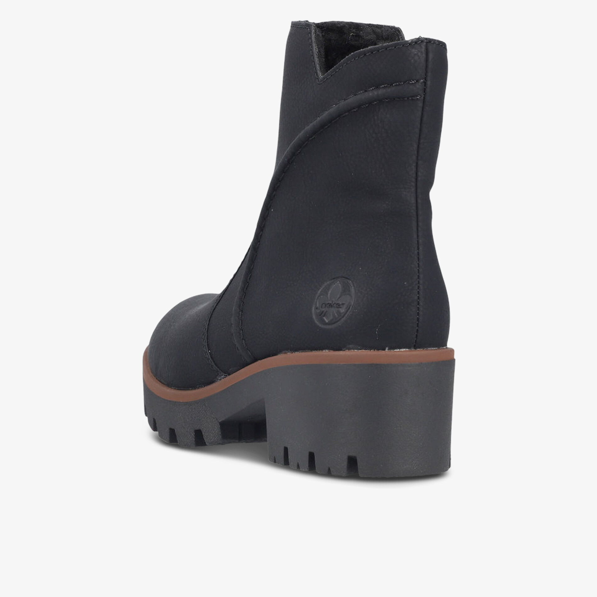 Schwarzer Schuh mit robustem Blockabsatz und Reißverschluss, klare Rückansicht, eleganter hoher Schaft