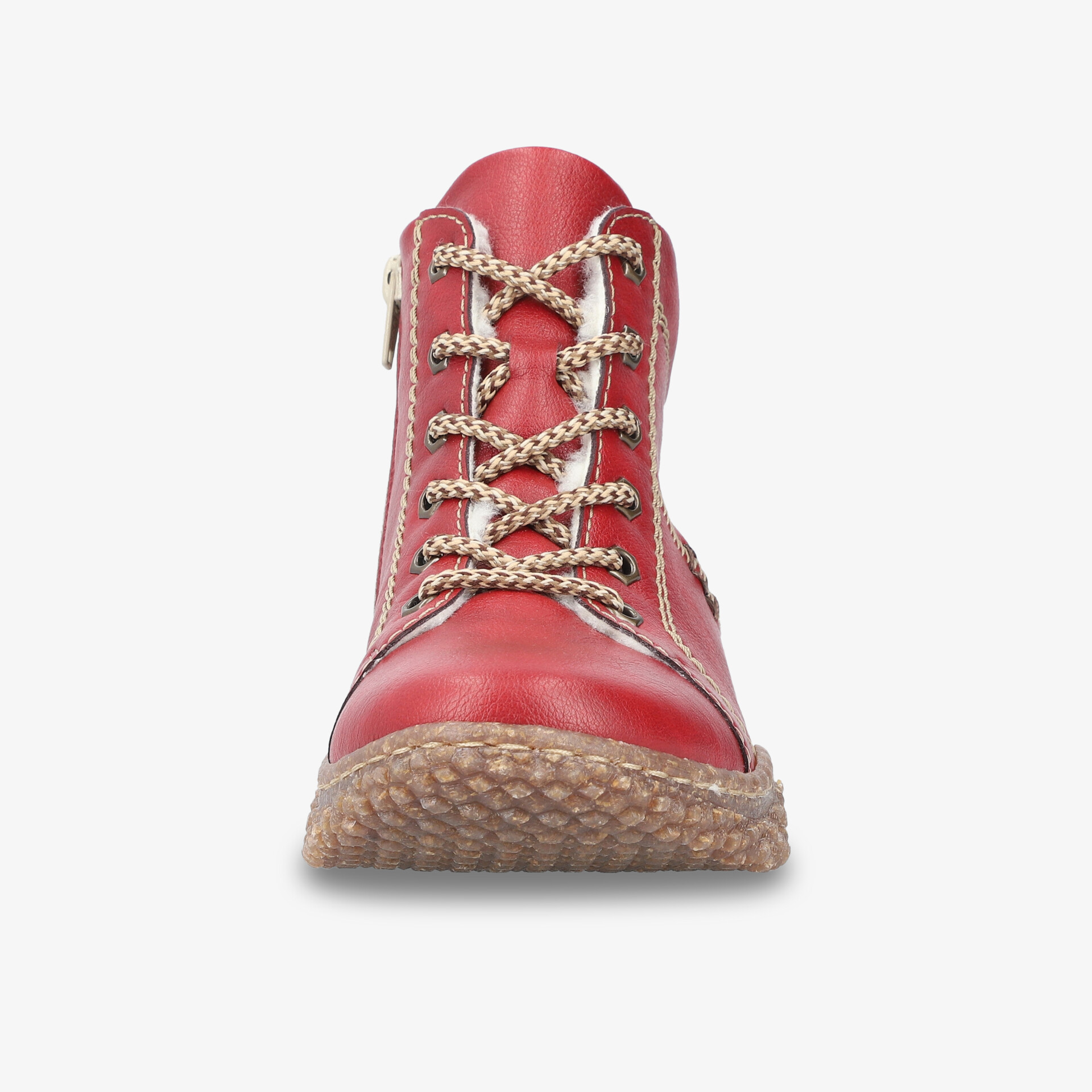 Roter robuster Schnürstiefel mit griffigem Sohlenprofil und komfortabler Passform in Frontansicht