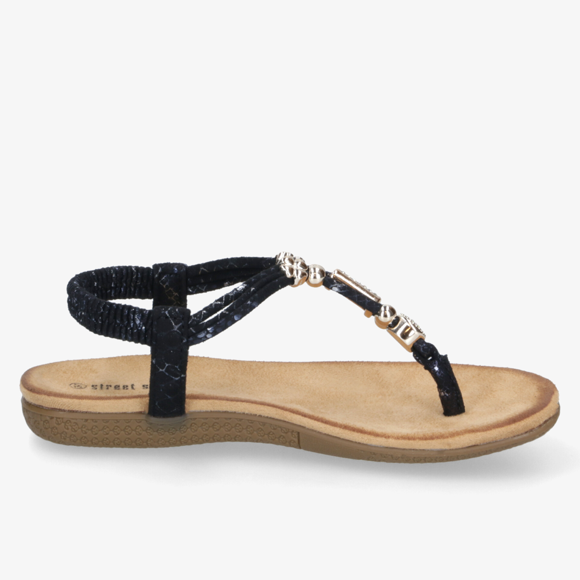 Flache schwarze Sandale mit dezenter Verzierung, verstellbarem Riemen und elegantem, leichtem Design
