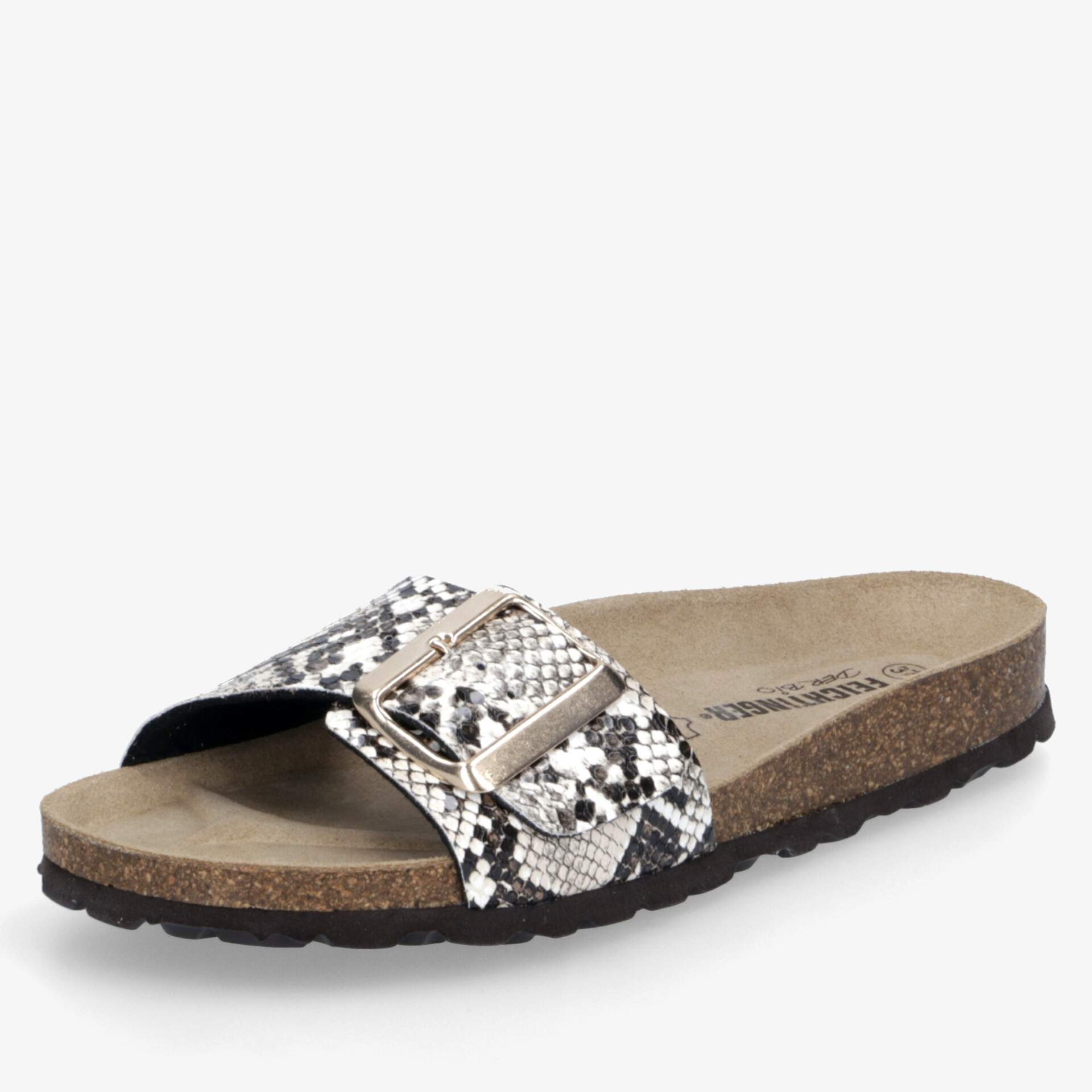 Komfortable Pantoletten mit verstellbarem Riemen und robuster Korksohle in modischem Schlangenmuster