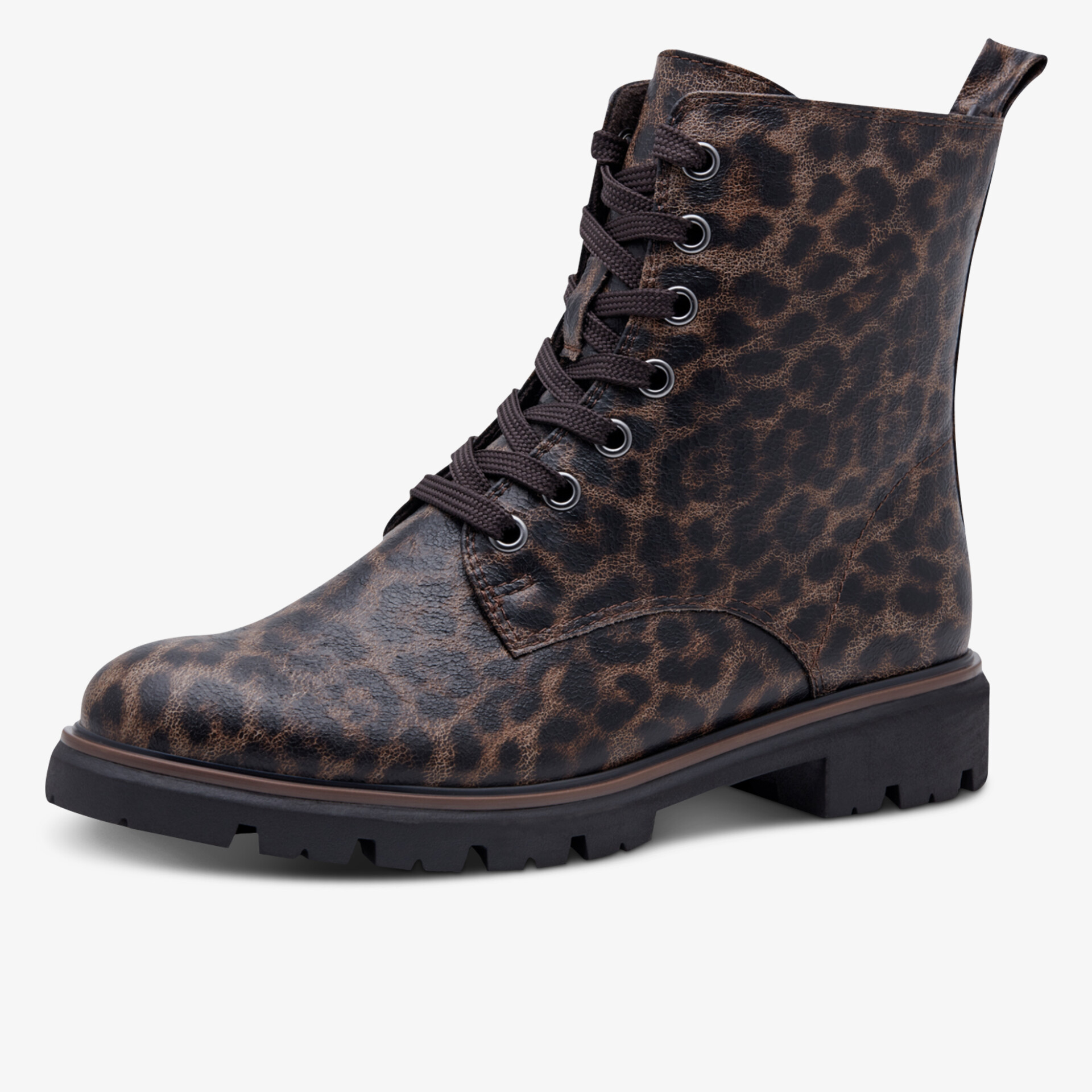 Robuster knöchelhoher Schnürstiefel mit modischem Leo-Print und profilierter Sohle für hohen Tragekomfort