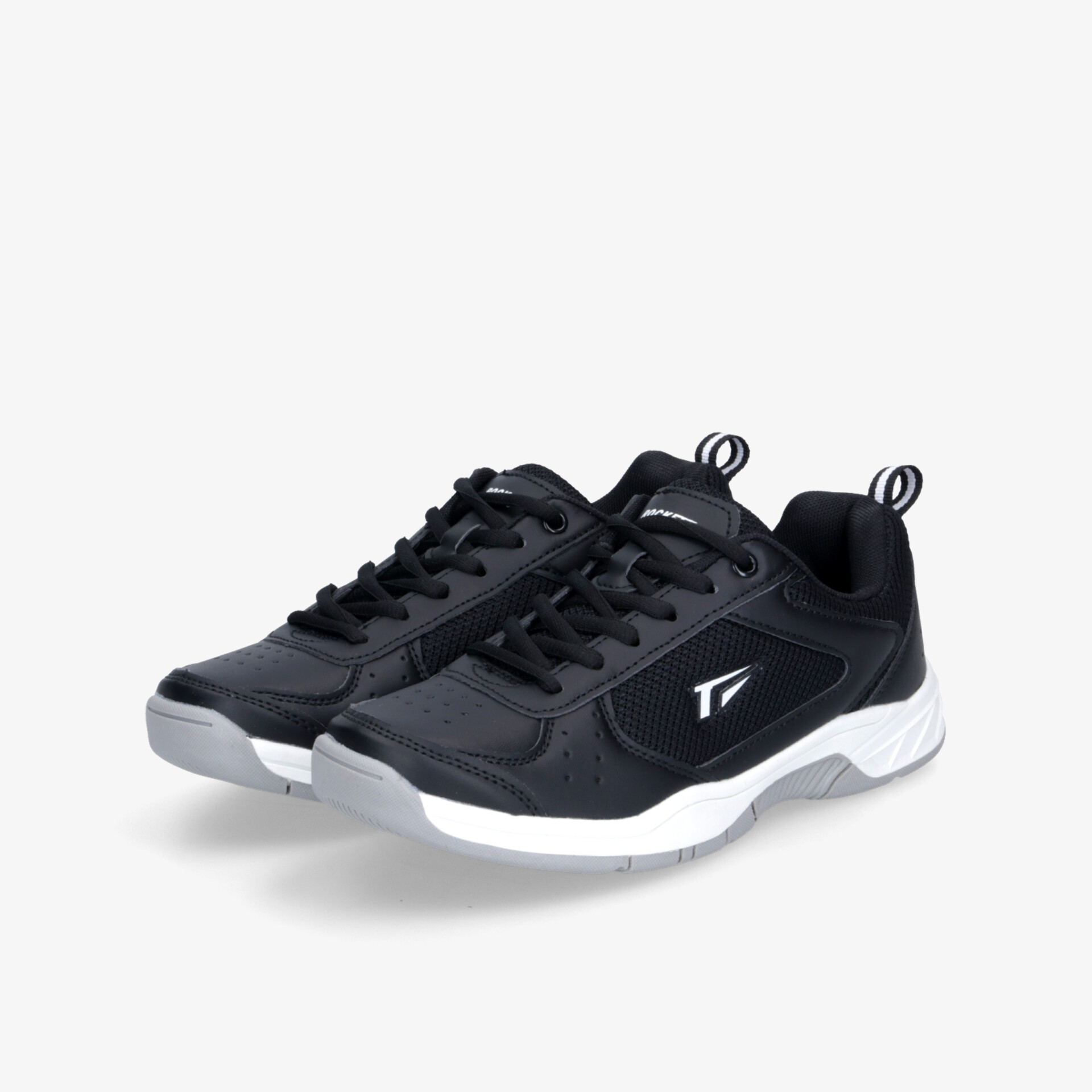 Schwarzes Paar Sportschuhe mit weißer Sohle, atmungsaktiv und komfortabel, ideal für sportliche Aktivitäten