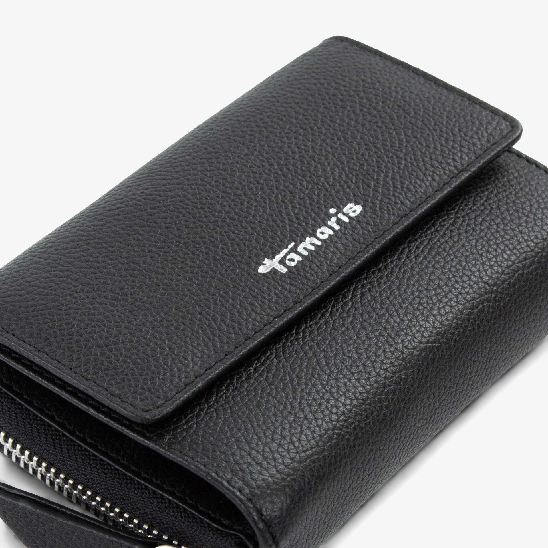 Kompakte schwarze Geldbörse aus strukturiertem Kunstleder mit Reißverschluss und Tamaris Logo praktisch und stilvoll
