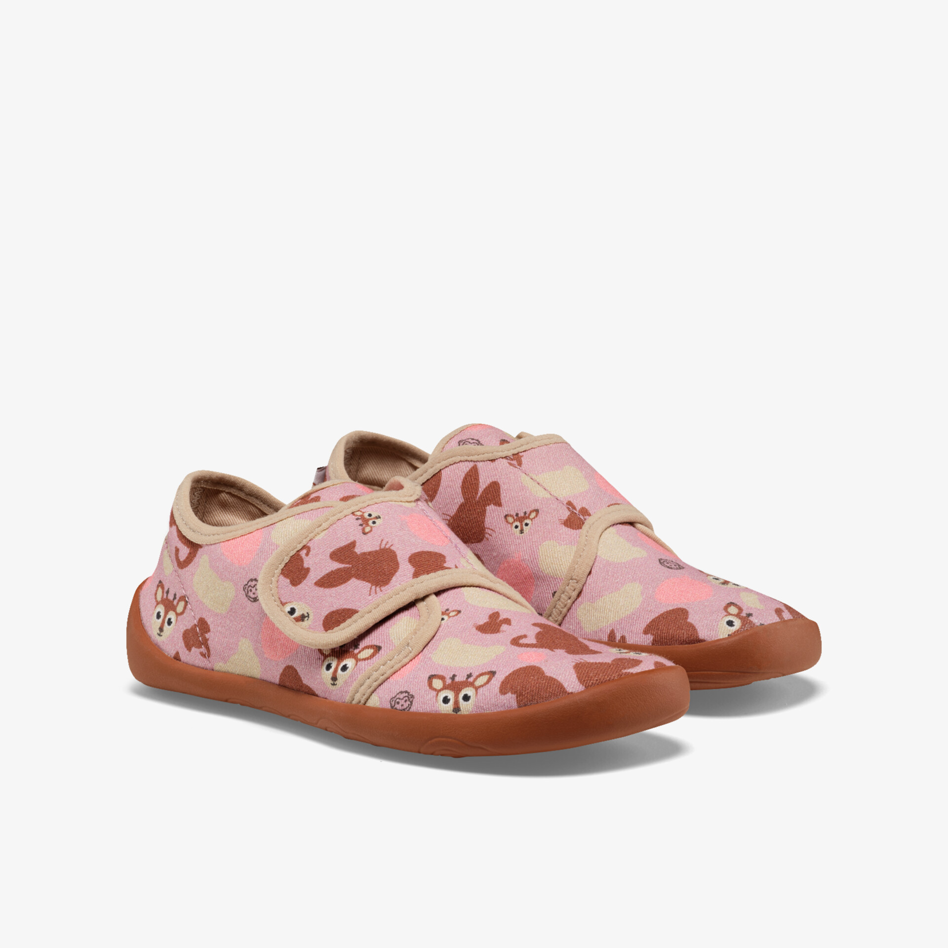 Rosa Kinderschuhe mit buntem Blumenmuster, praktischem Klettverschluss und flexibler, rutschfester Sohle