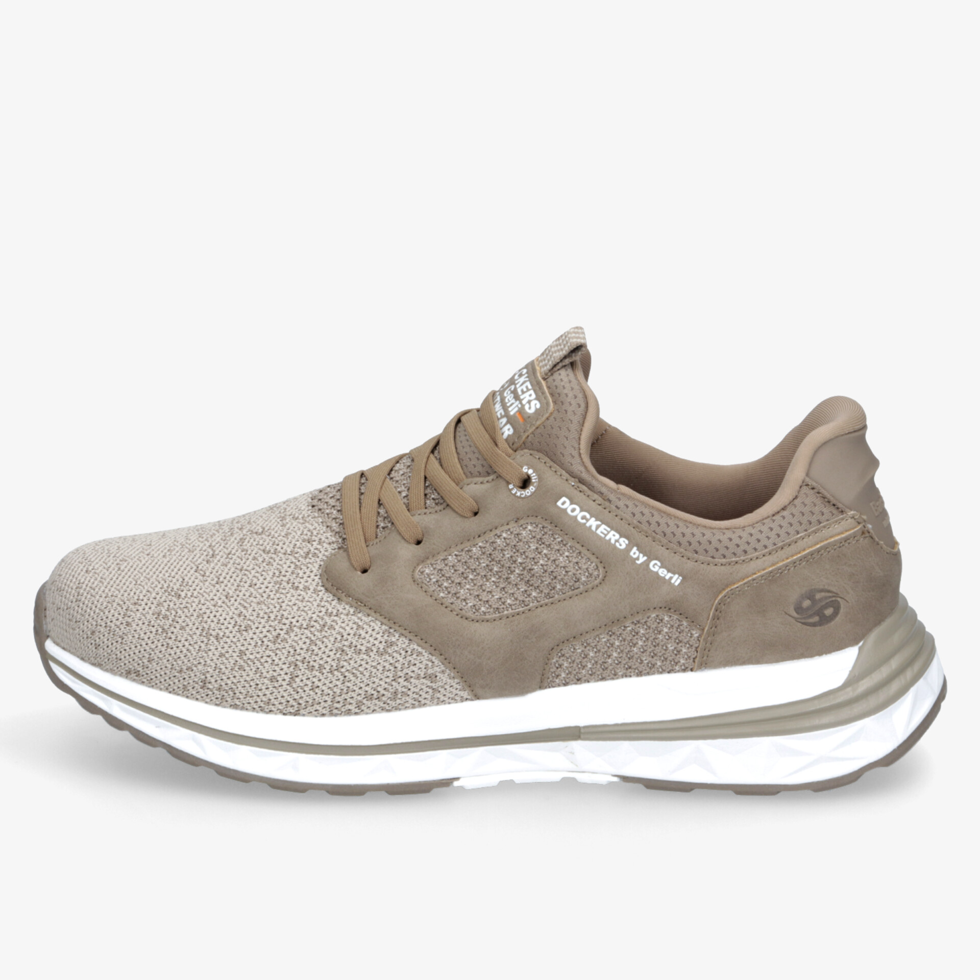 Seitliche Ansicht eines sportlichen bequemen Laufschuhs in Beige mit gedämpfter, rutschfester Sohle und atmungsaktivem Obermaterial