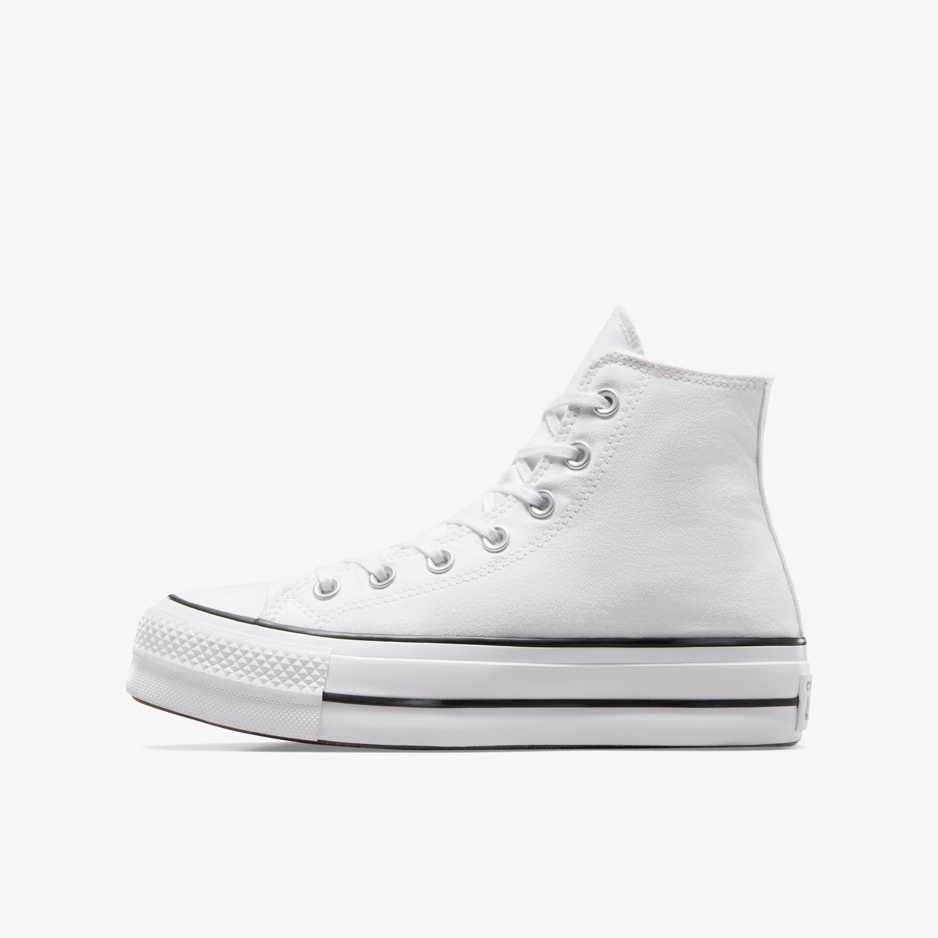 Weißer Sneaker mit hohem Schaft und leichter Sohle, seitliche Ansicht zeigt modernes, schlichtes Design