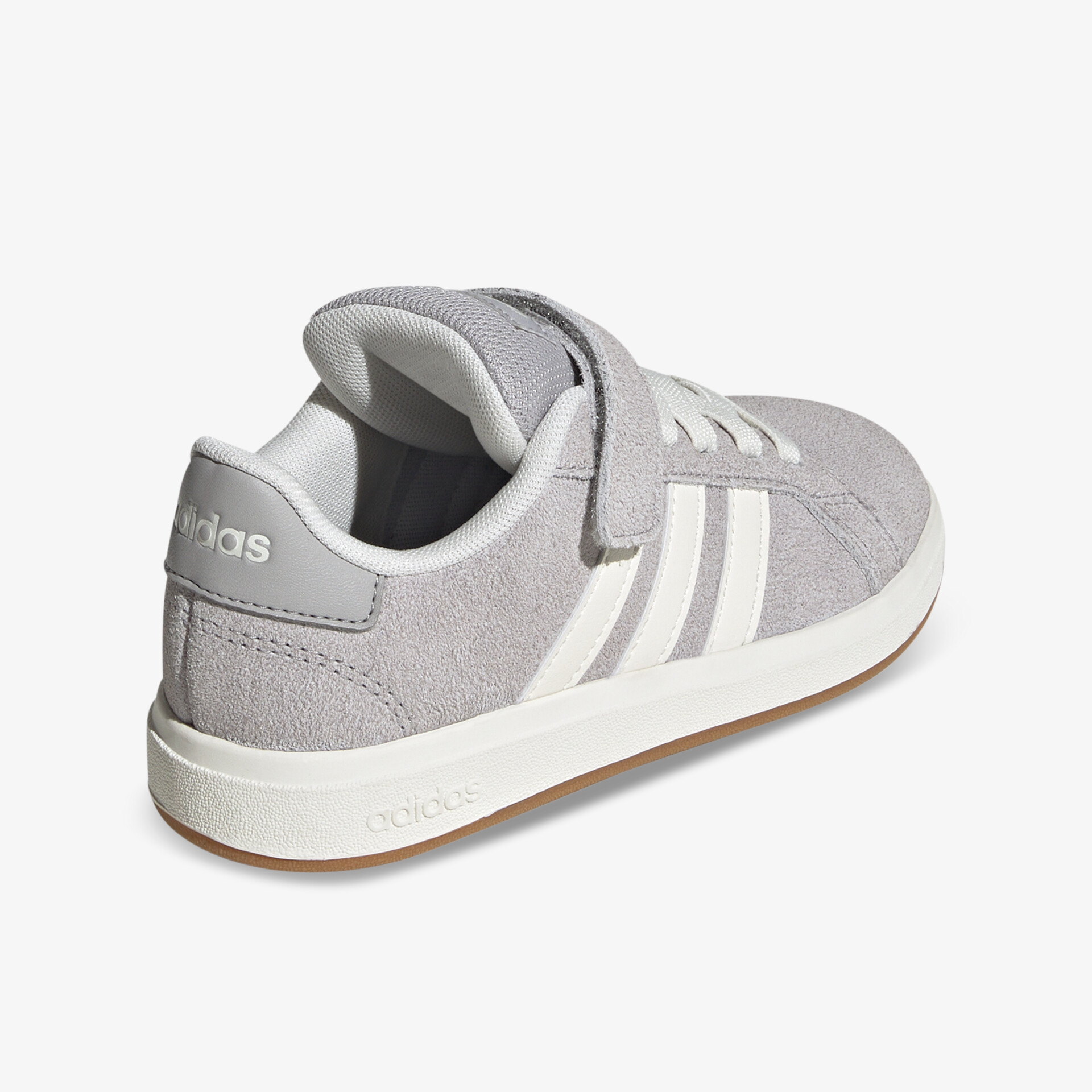 Grauer adidas Sneaker mit weißem Streifen und Klettverschluss, sportlich und bequem, leichte rutschfeste Sohle