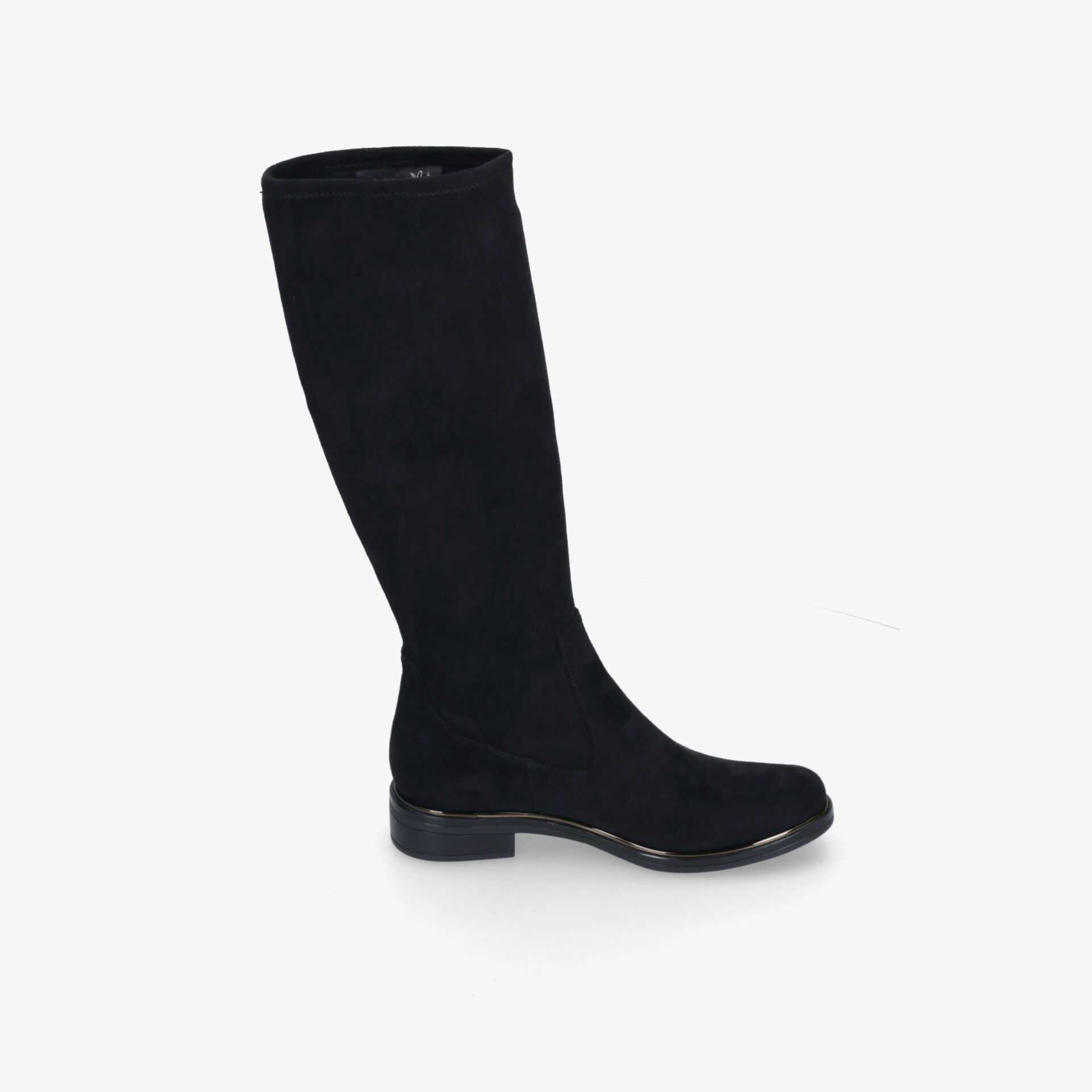 Eleganter hoher Stiefel mit glattem Material und robuster Sohle in klarer Seitenansicht