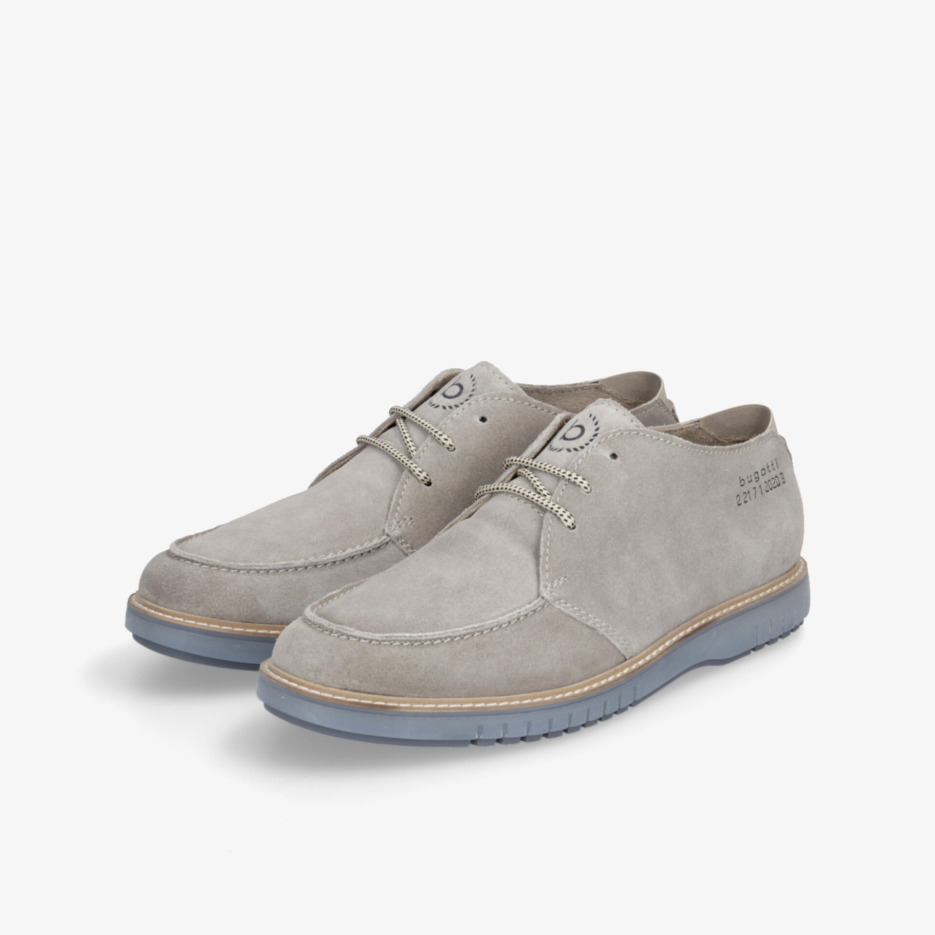 Graue Lederschuhe im Paar mit Schnürung, bequeme Passform und flexibler Sohle in eleganter 3/4 Ansicht