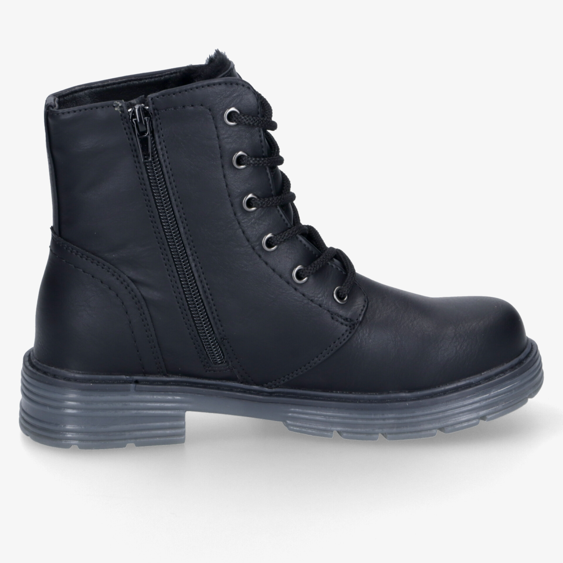 Schwarzer robuster Schnürstiefel mit Reißverschluss und rutschfester Sohle für hohen Tragekomfort