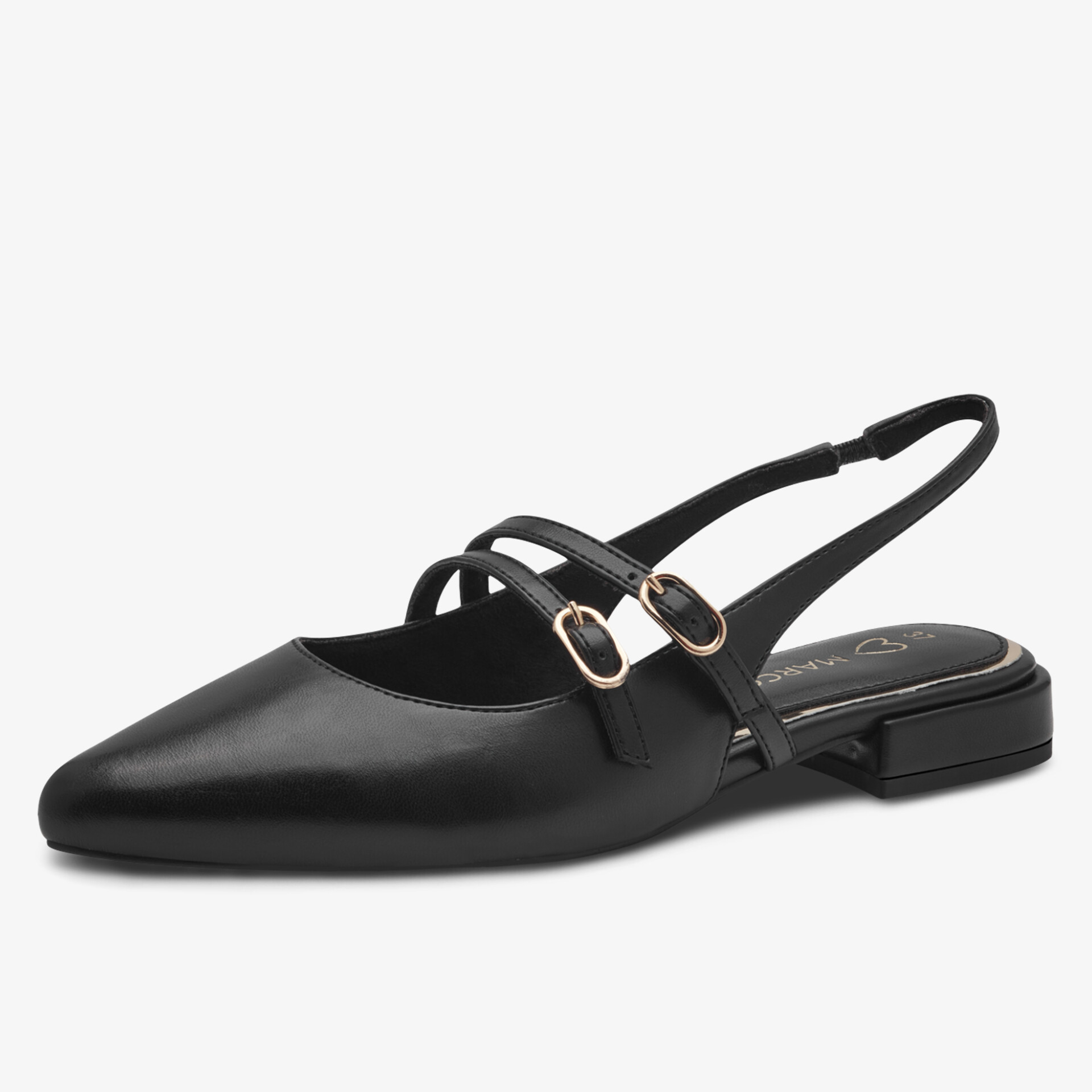 Eleganter schwarzer Slingback-Schuh mit spitz zulaufender Vorderseite und verstellbaren Riemen