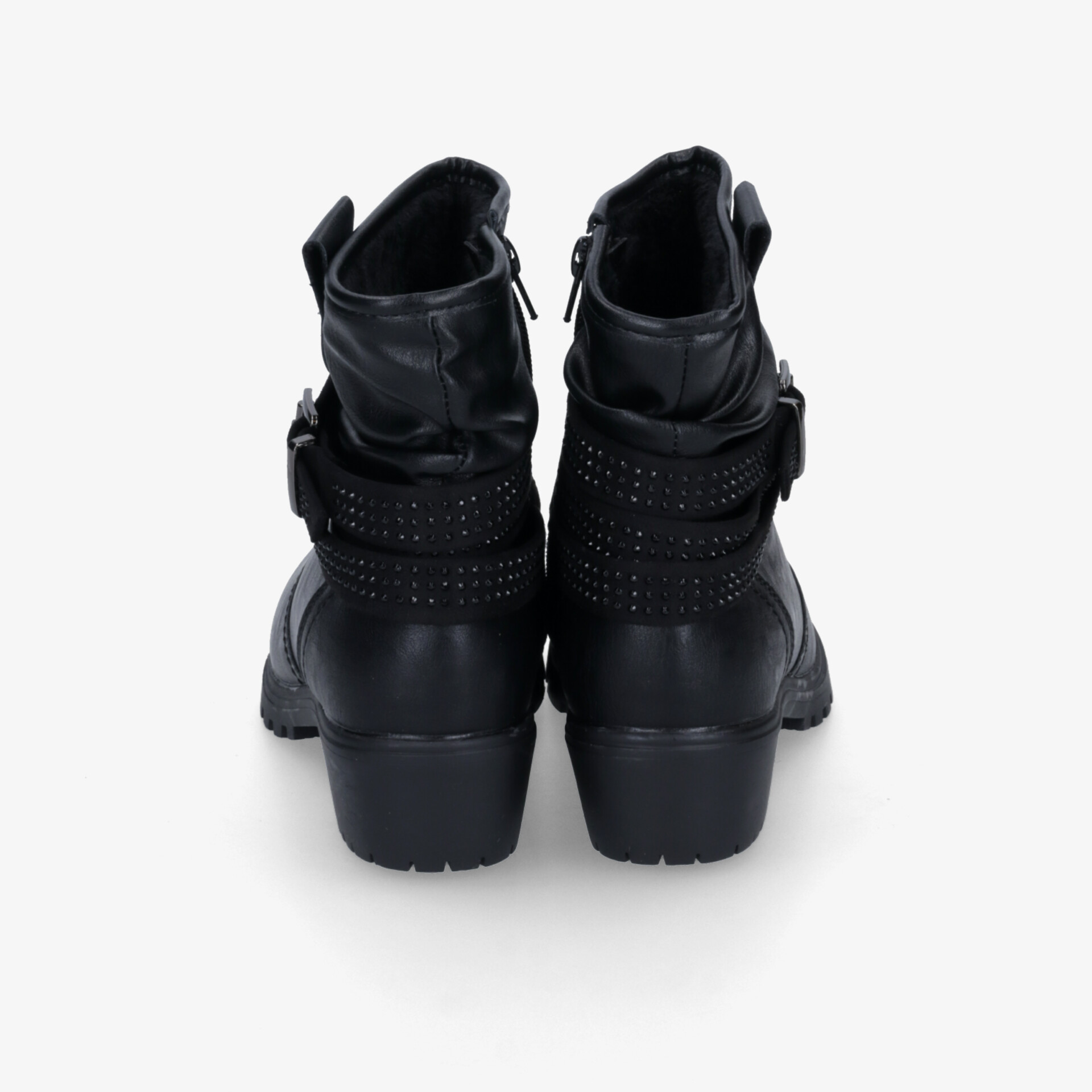 Schwarze Stiefeletten mit stabiler Sohle und modischem Schnallenverschluss in eleganter Rückansicht