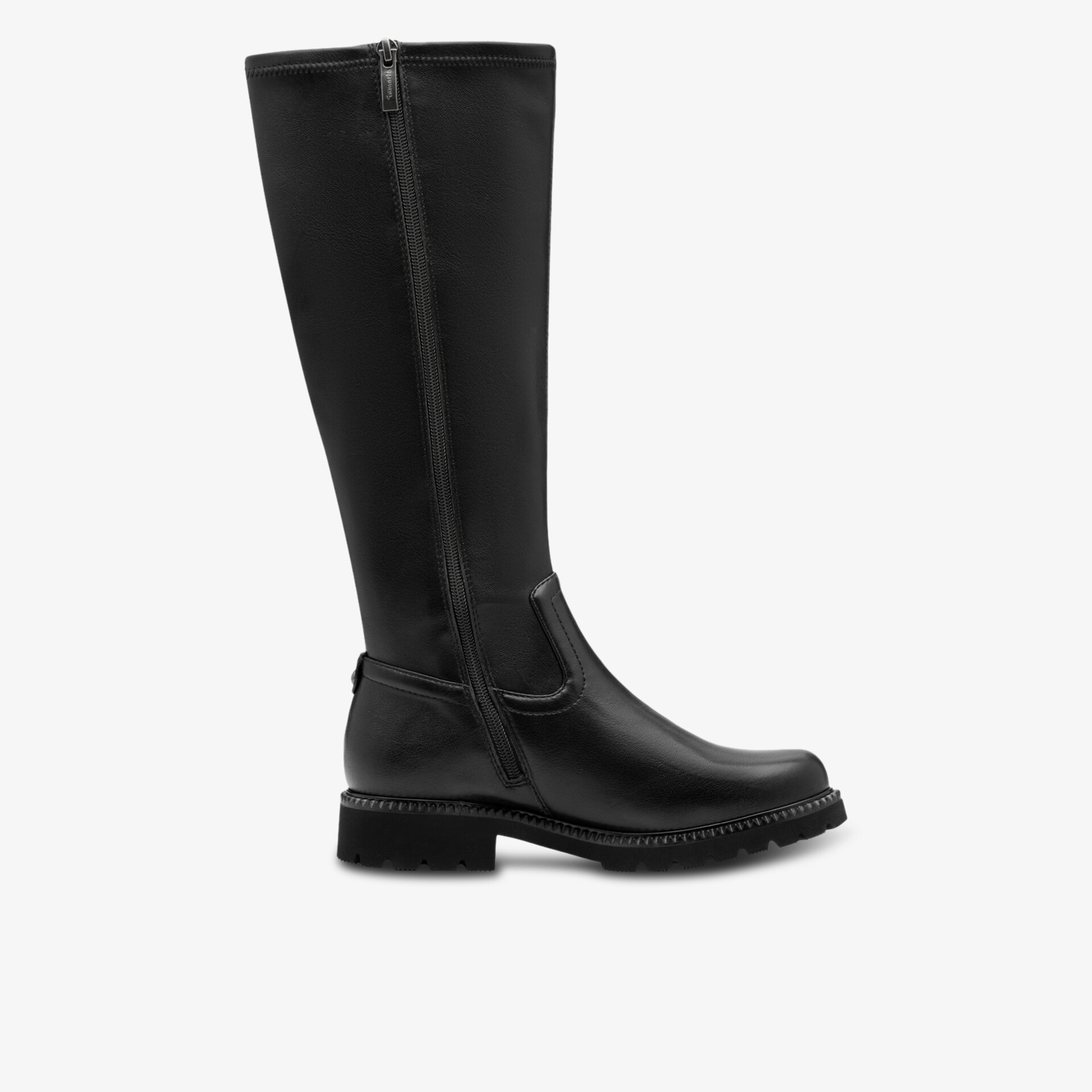 Seitenansicht eines kniehohen schwarzen Lederboots mit robustem Absatz und rutschfester Sohle