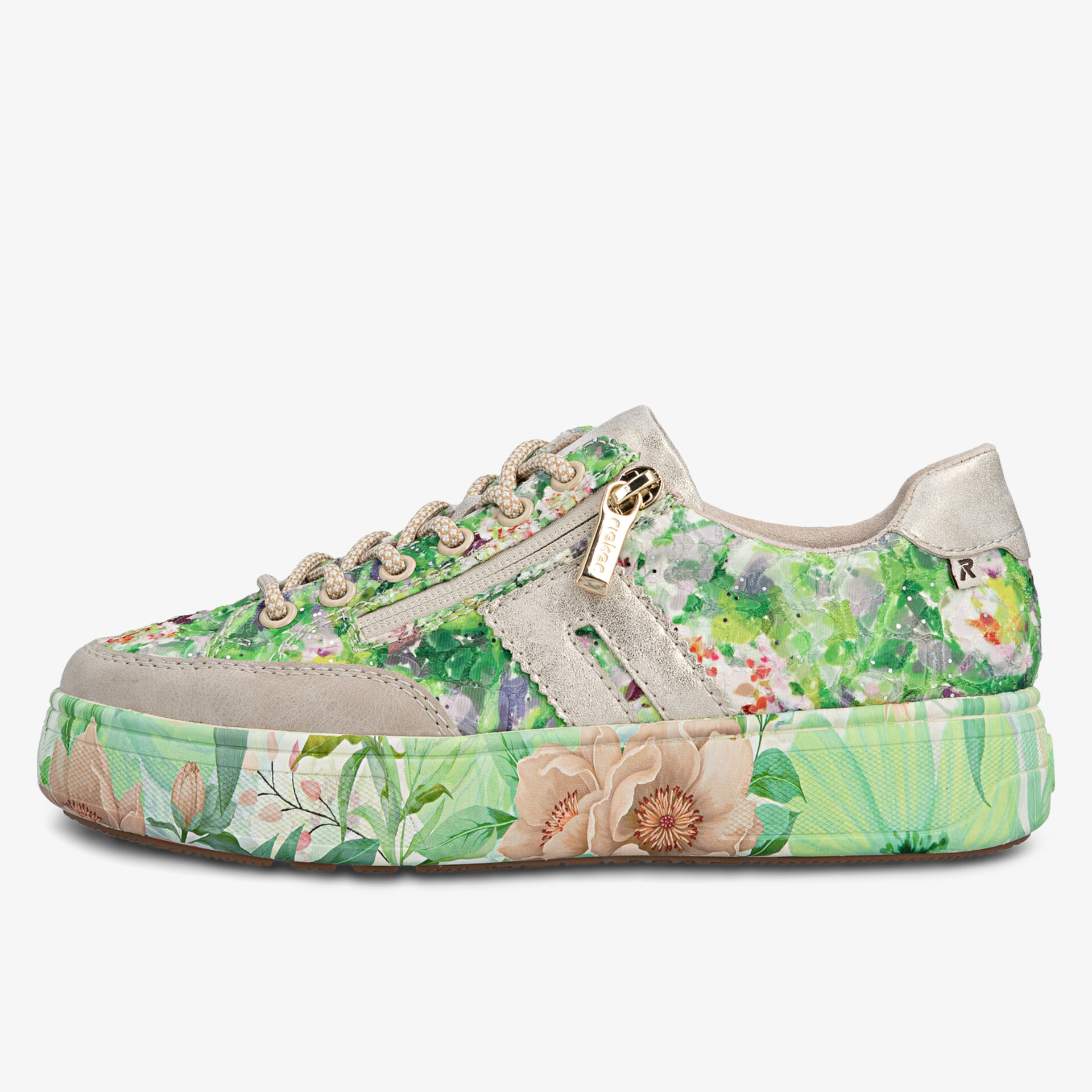 Seitliche Ansicht eines grünen Sneakers mit floralem Muster, Reißverschluss und robuster Sohle für Komfort
