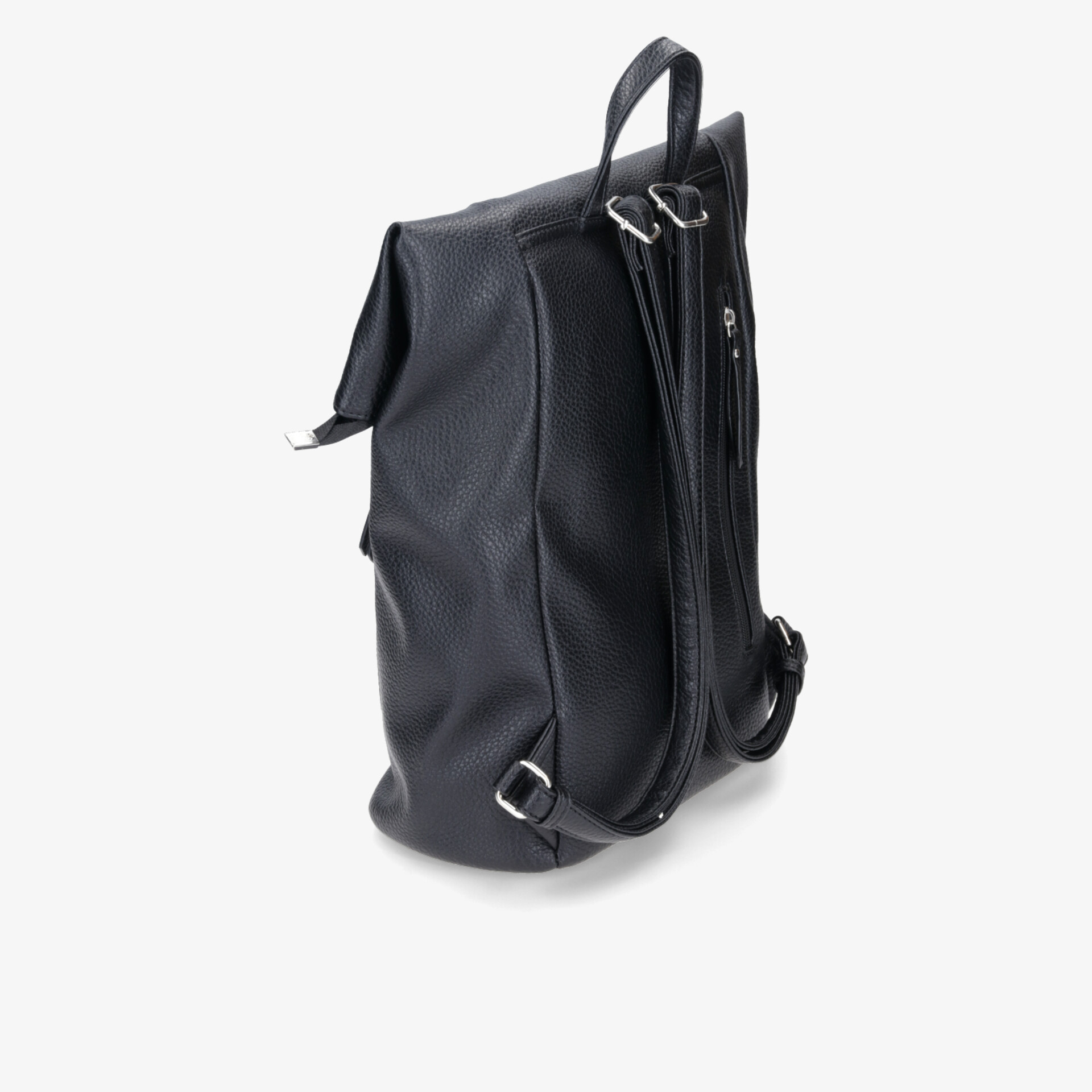 Schwarzer Alltag-Rucksack mit robustem Material und Reißverschluss, seitliche Ansicht zeigt klar die Form