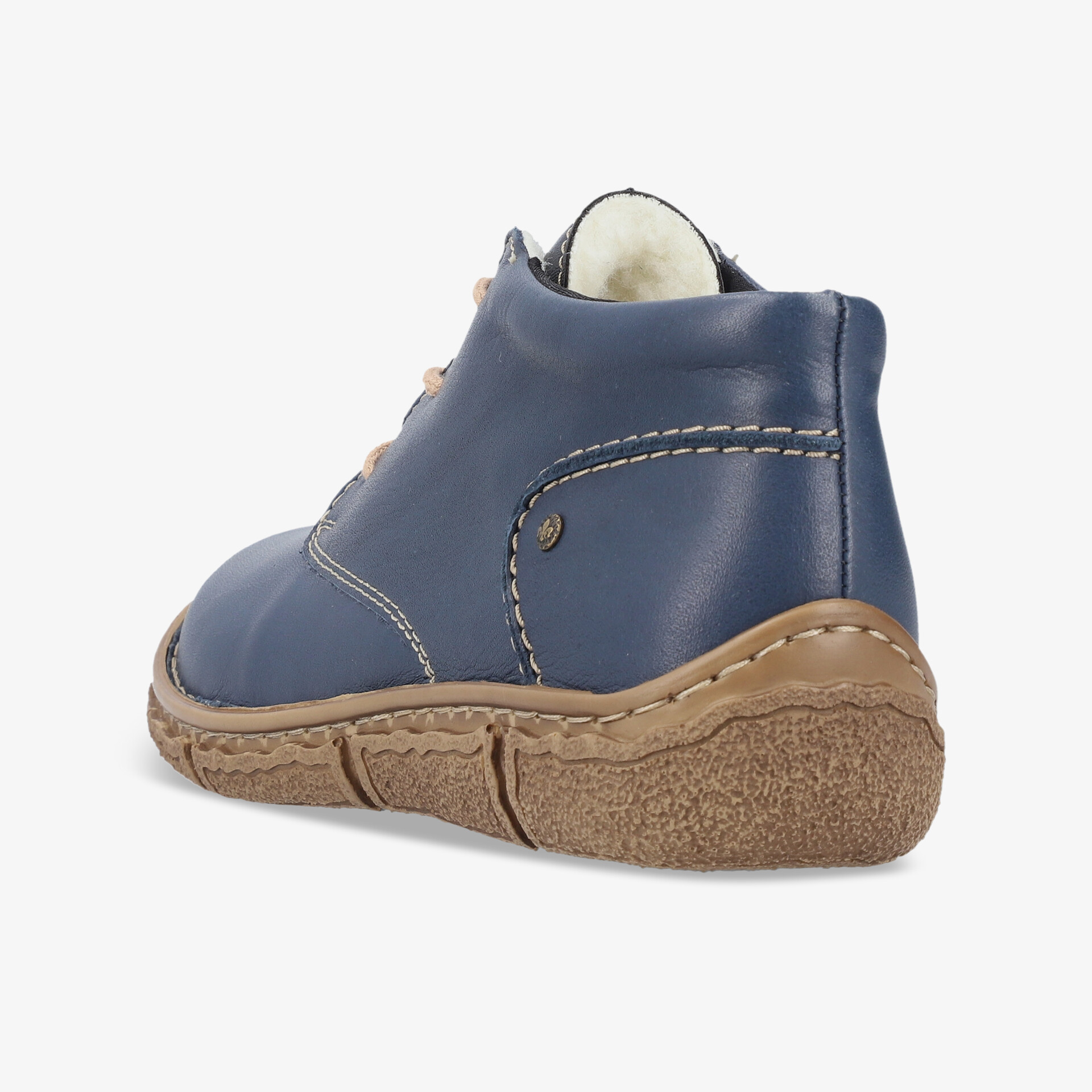 Seitliche Ansicht eines bequemen blauen Schuhs mit robuster flexibler Laufsohle und gepolstertem Schaft