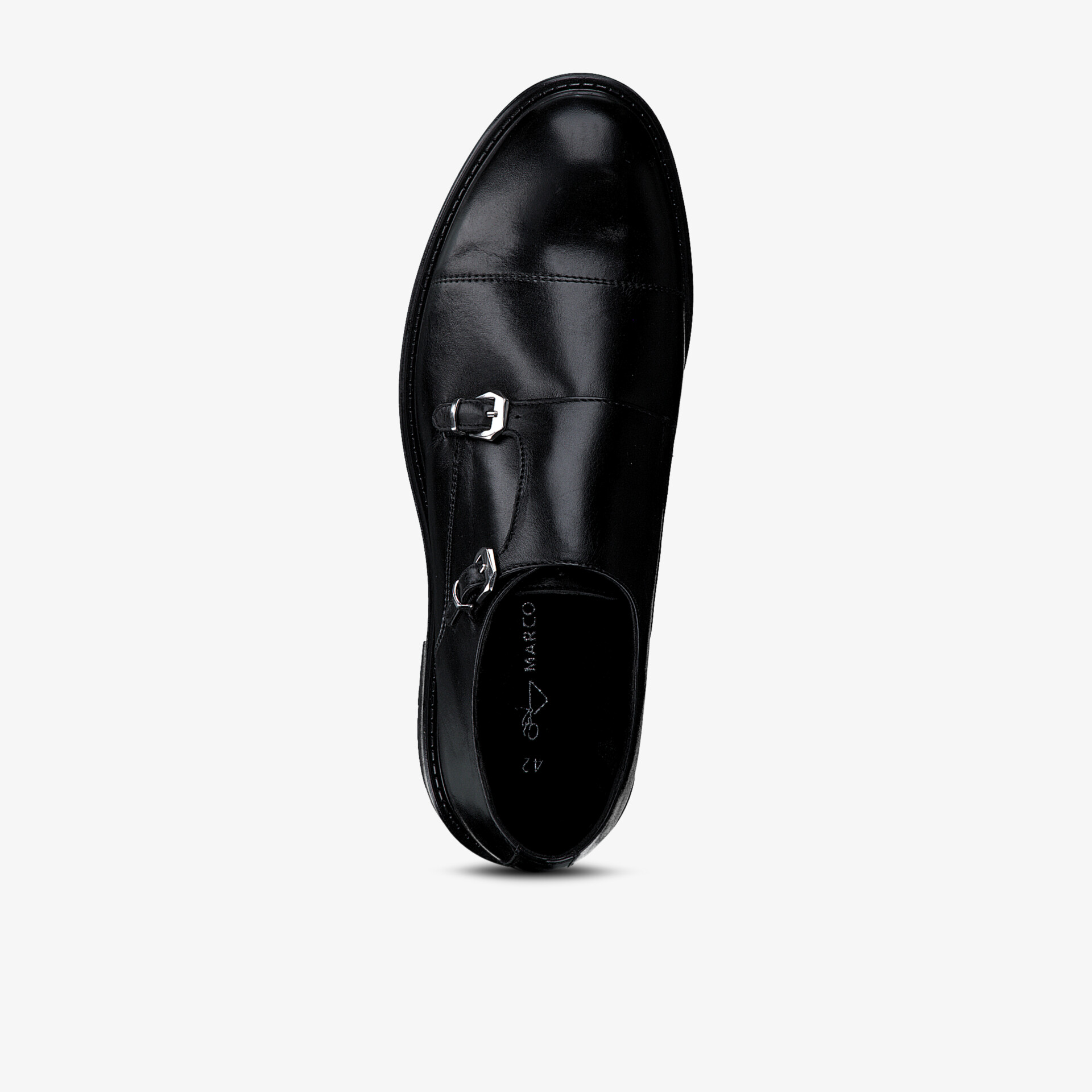 Eleganter schwarzer Schnallenschuh aus Glattleder mit klassischem Design und hochwertiger Verarbeitung.