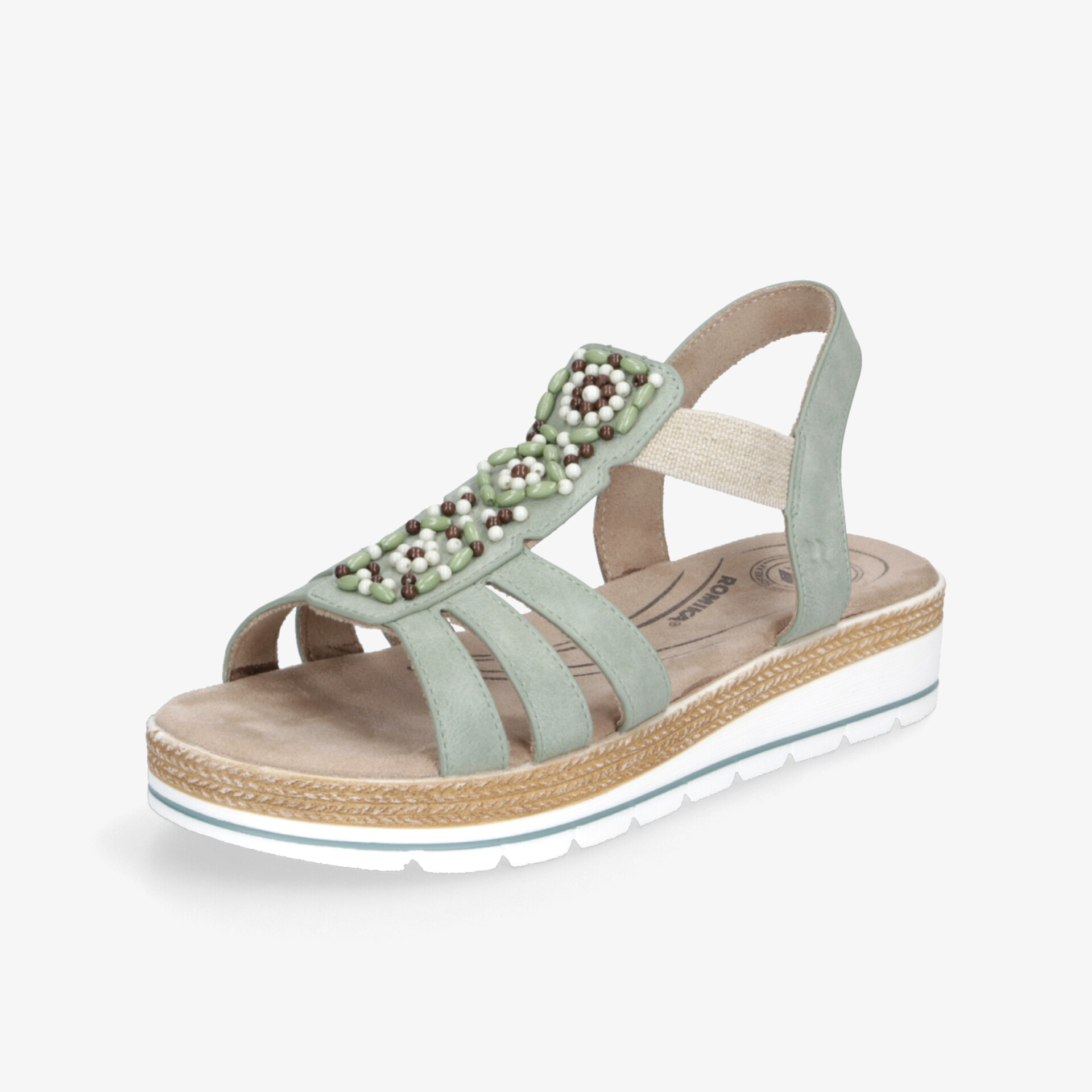 Elegante Sandale mit Keilabsatz und Perlenverzierung, bequem und leicht, ideal für sommerliche Outfits