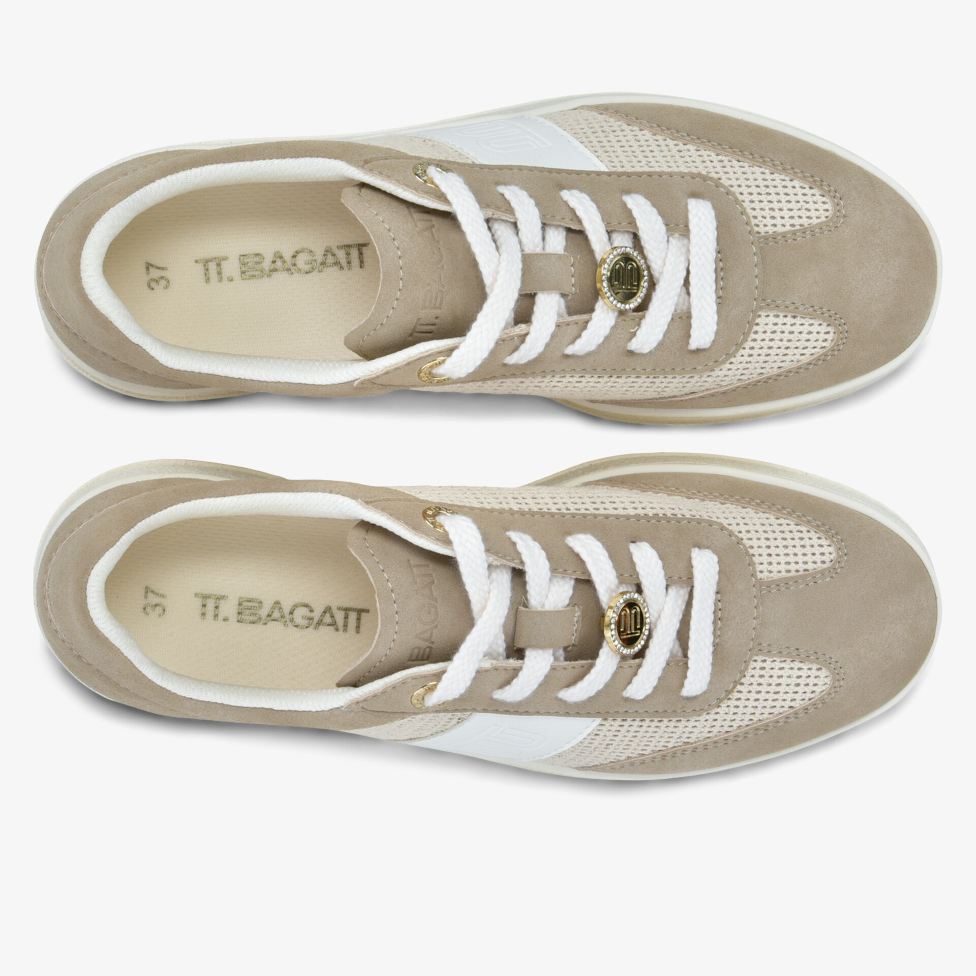 Beiger Sneaker mit weißem Mesh und Schnürung für maximalen Komfort und Stil