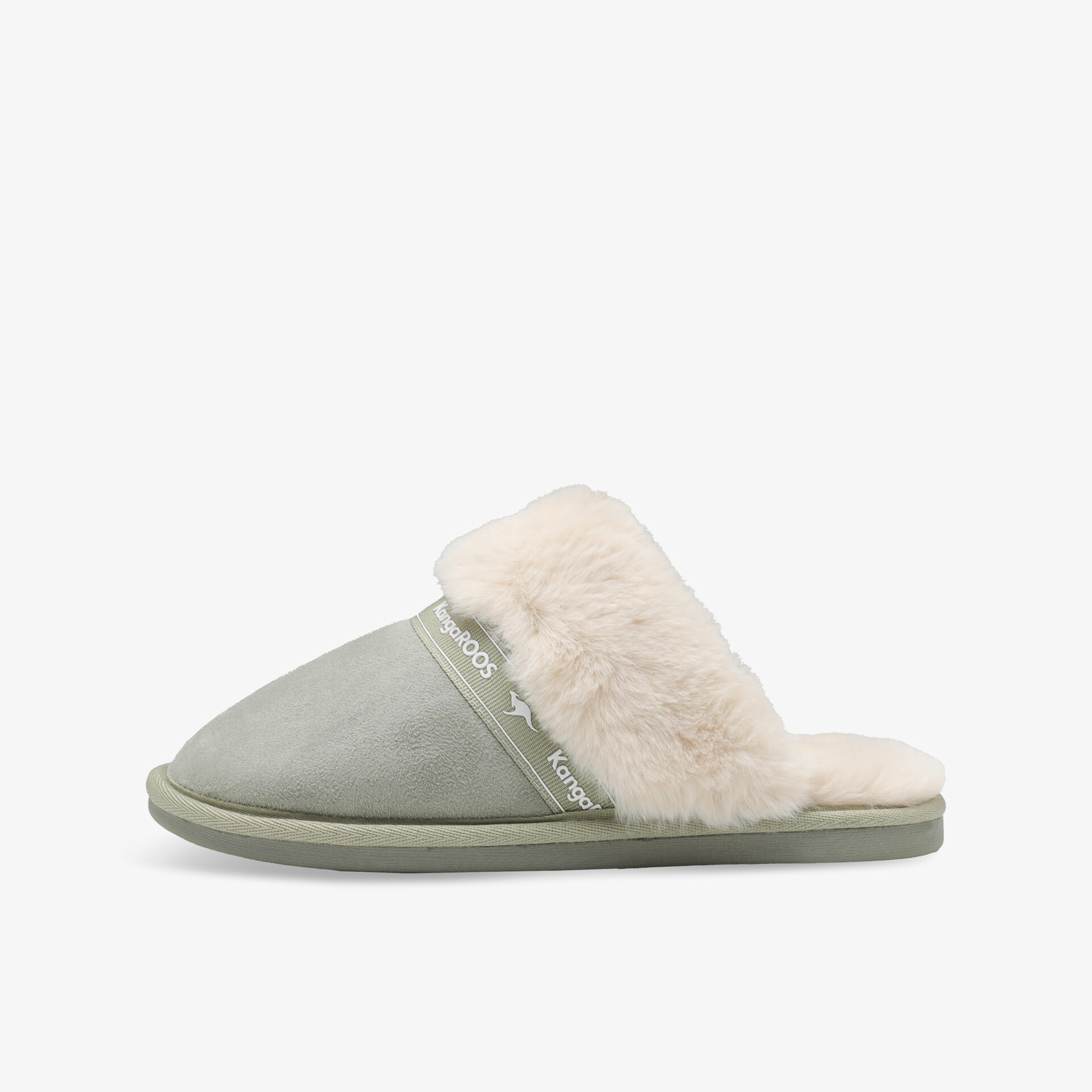 Weicher, grauer Hausschuh mit flauschigem Fellfutter und rutschfester Sohle für angenehmen Komfort zuhause