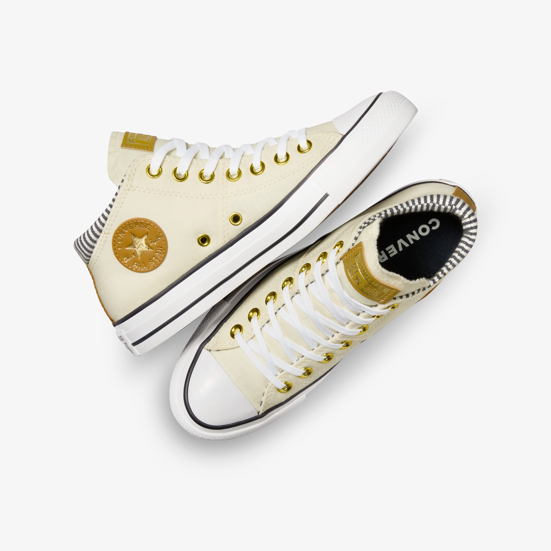 Weißer High-Top Sneaker mit goldenen Details, langlebiger Sohle und komfortablem Design für sportlichen Stil.