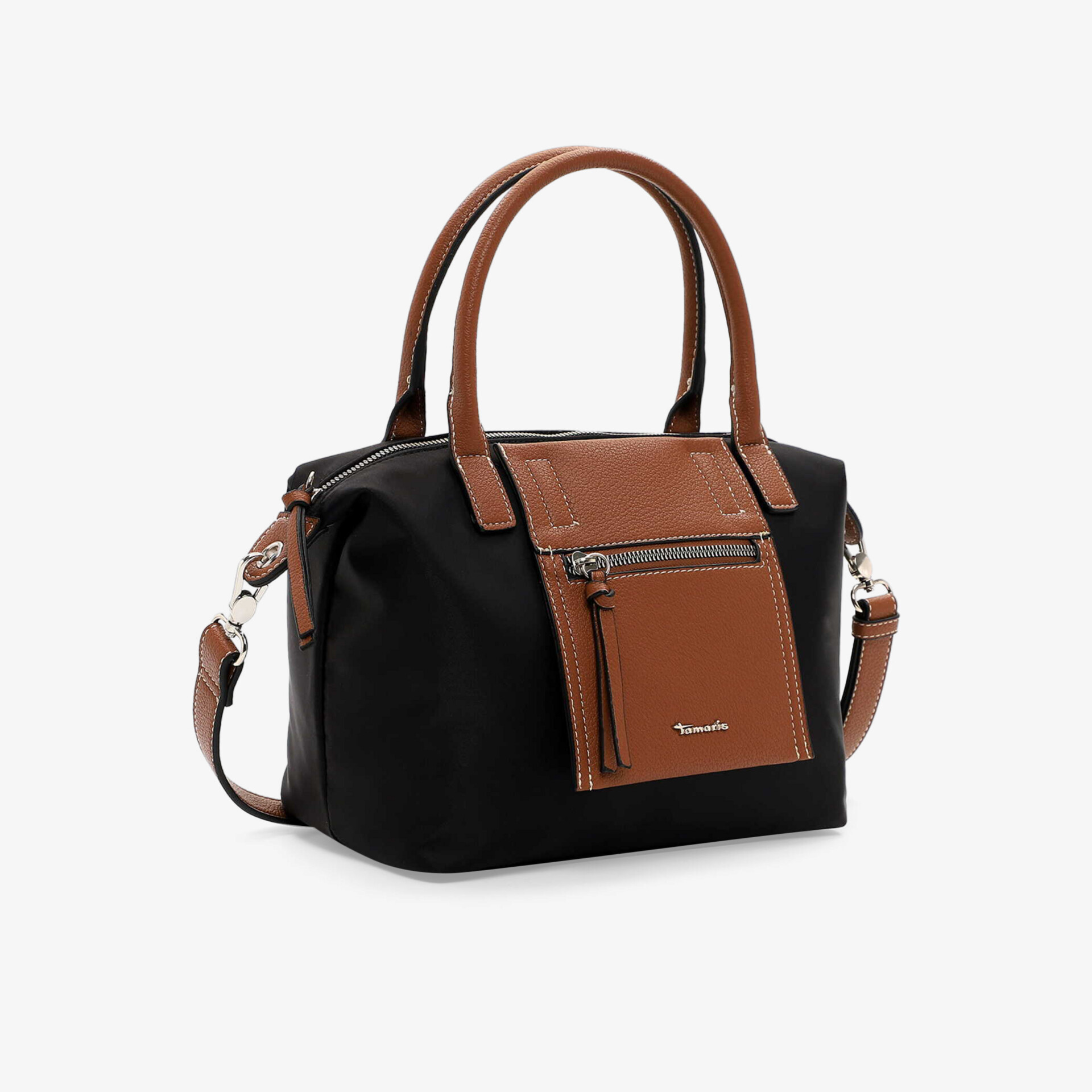 Stilvolle schwarz-braune Handtasche mit praktischen Reißverschlüssen und verstellbarem Schulterriemen