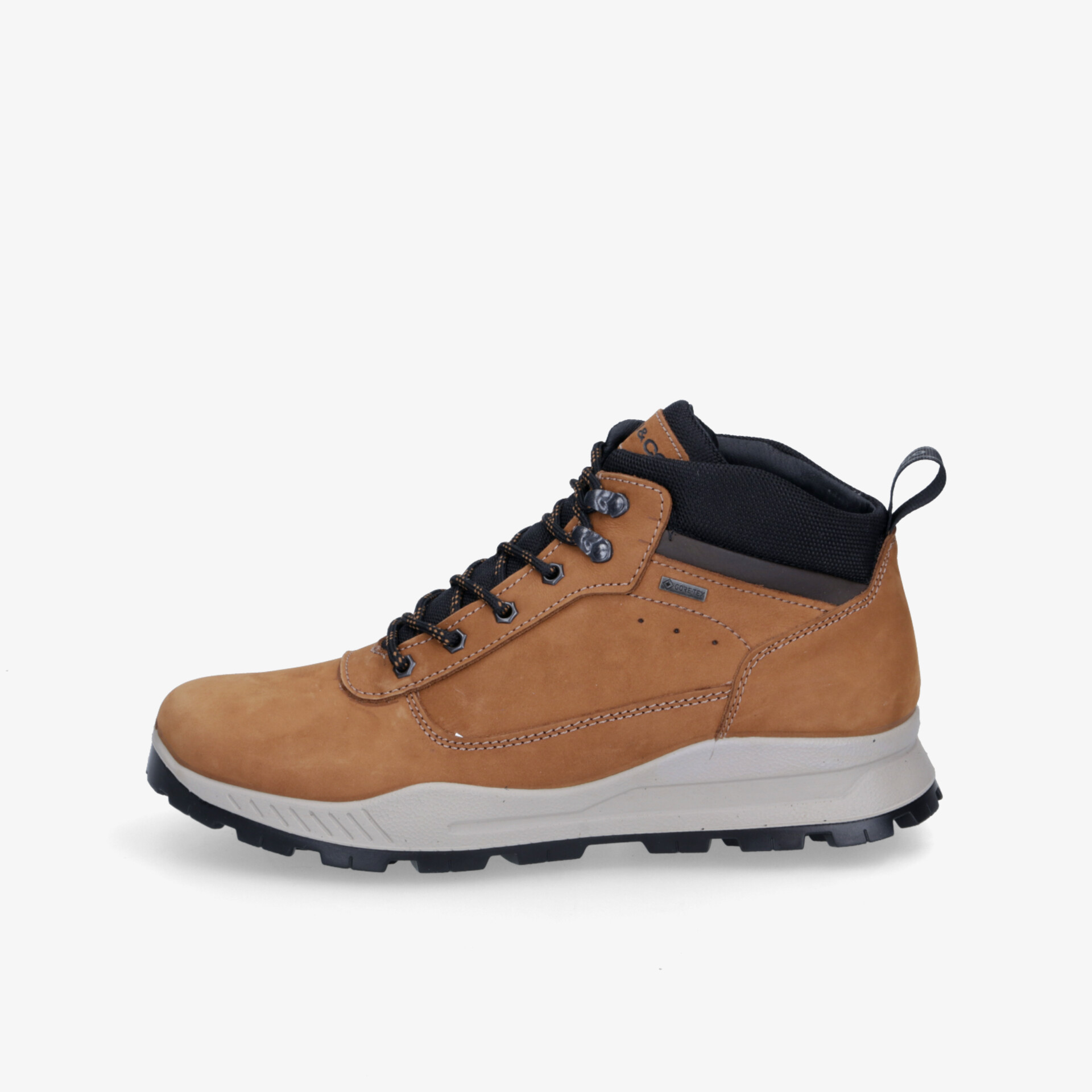 Robuster brauner Outdoor-Wanderschuh seitliche Ansicht mit rutschfester Sohle und gepolstertem Knöchelbereich