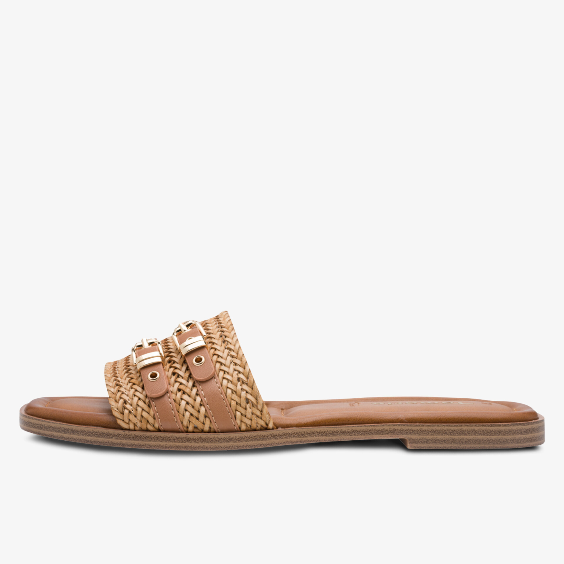 flache Sandale mit gewebten Riemen und zwei verstellbaren Schnallen für bequemen sommerlichen Look