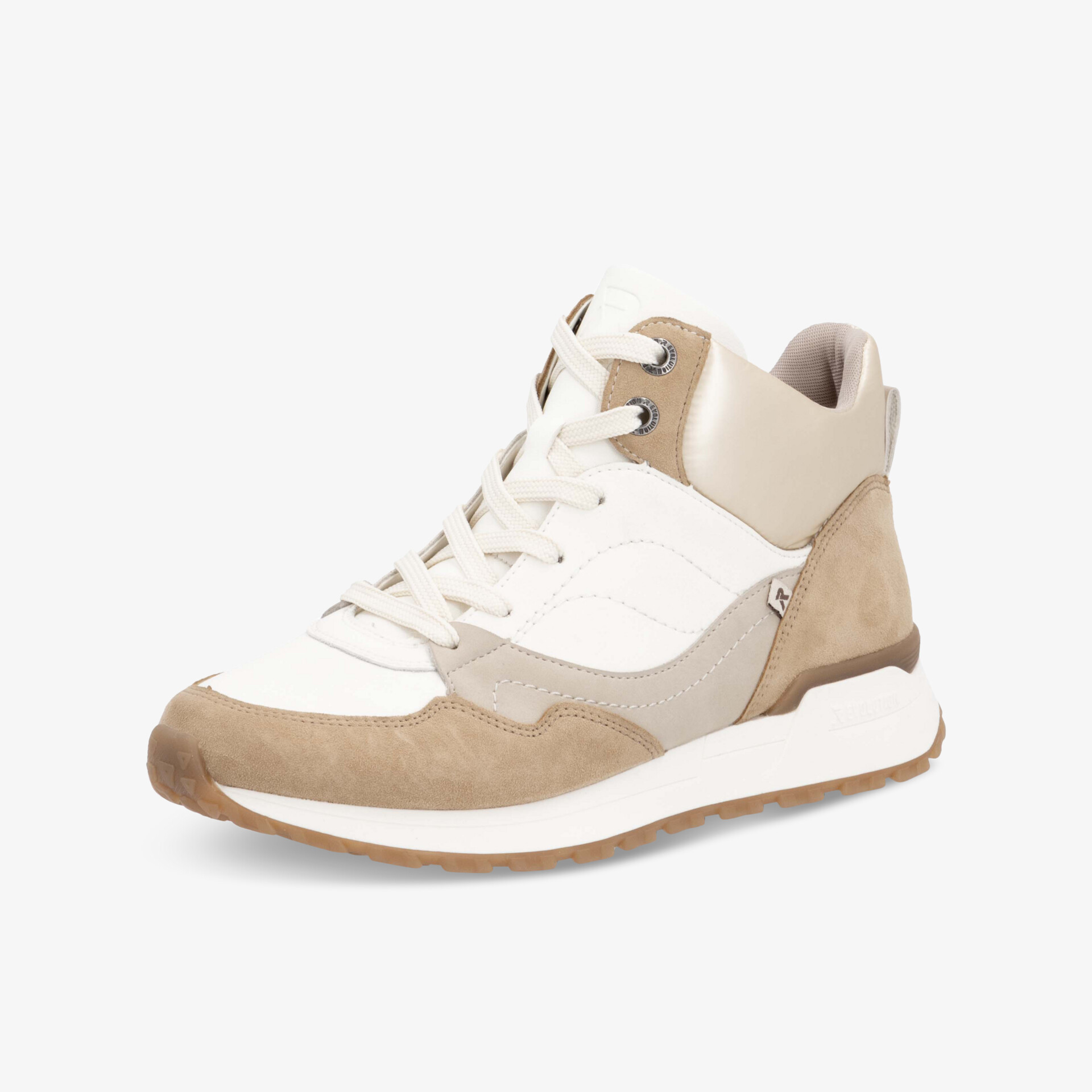 Beige-weißer sportlicher Sneaker mit moderner Schnürung und gepolstertem Knöchel, komfortabel und vielseitig