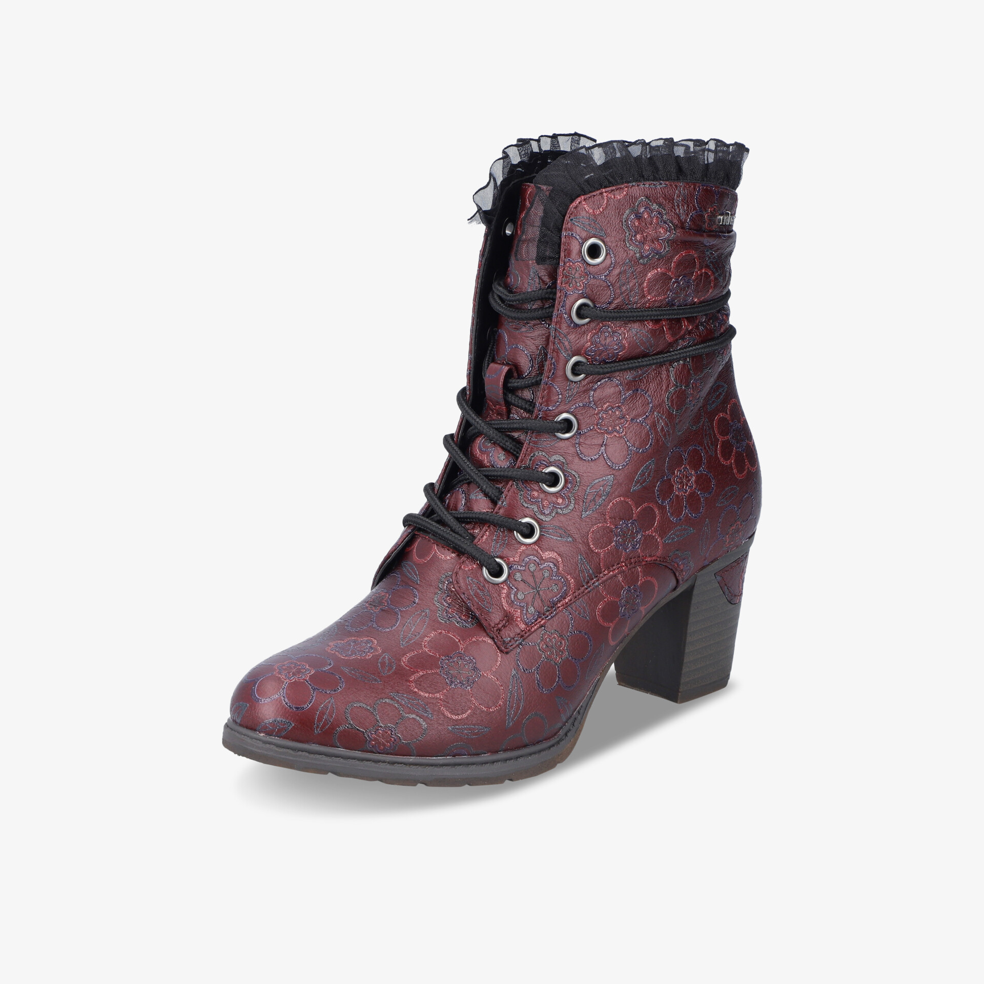 Dunkelrote Stiefelette mit mittelhohem Absatz, dekorativer Schnürung und modischem, elegantem Design