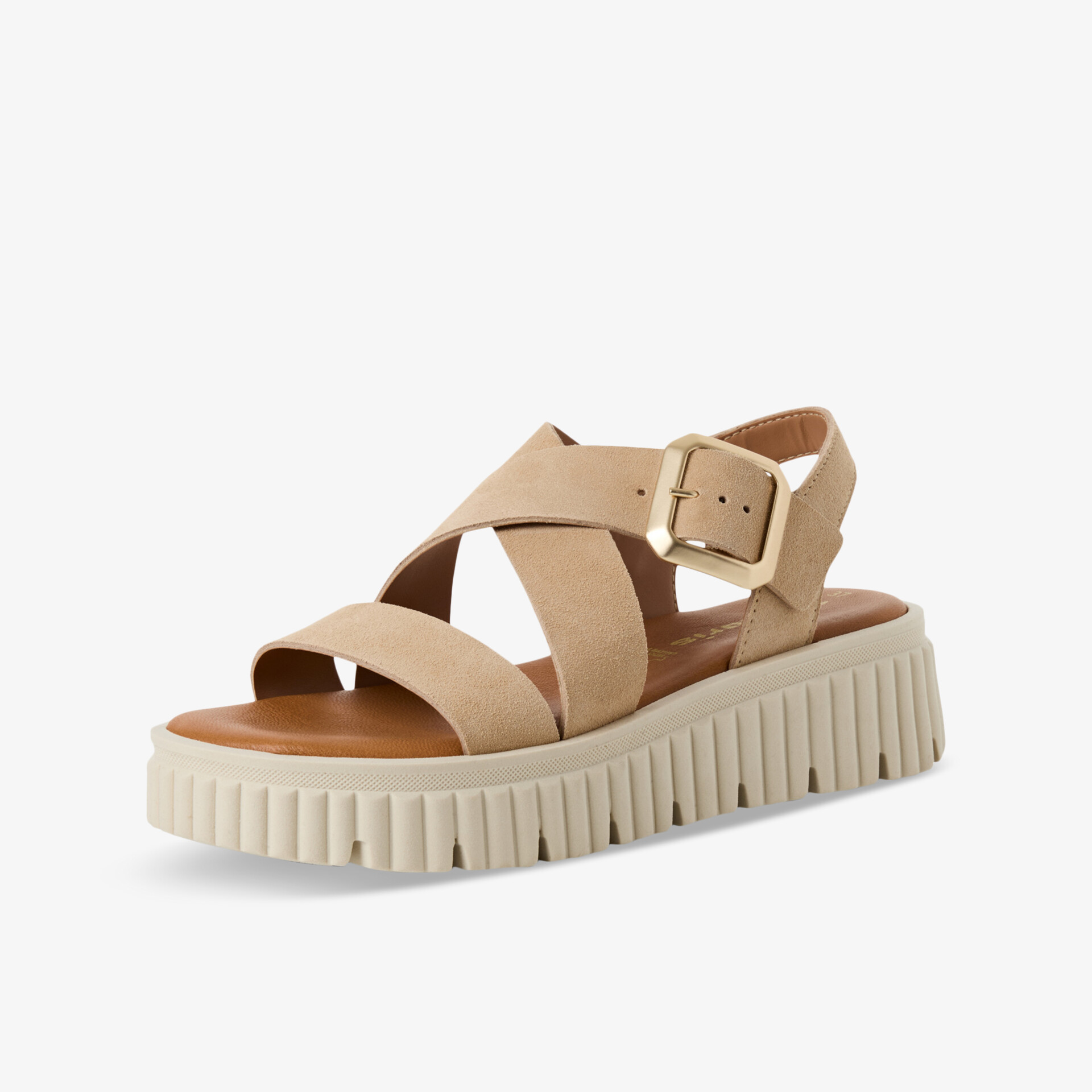 Beige Plateau-Sandale mit verstellbarem Riemen und komfortabler, dicker Profilsohle für optimalen Halt