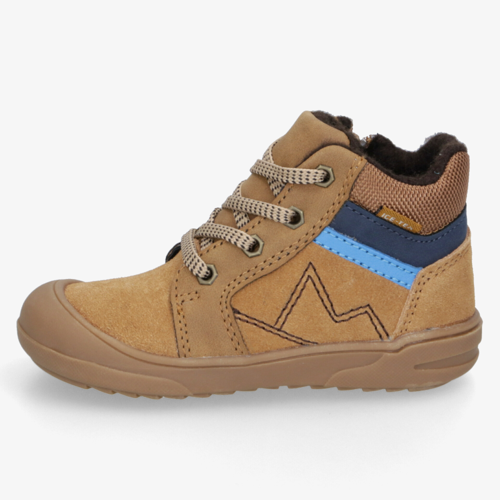 Robuster brauner Wanderschuh mit gepolstertem Kragen, profilierter Sohle und wetterfestem Material, seitliche Ansicht