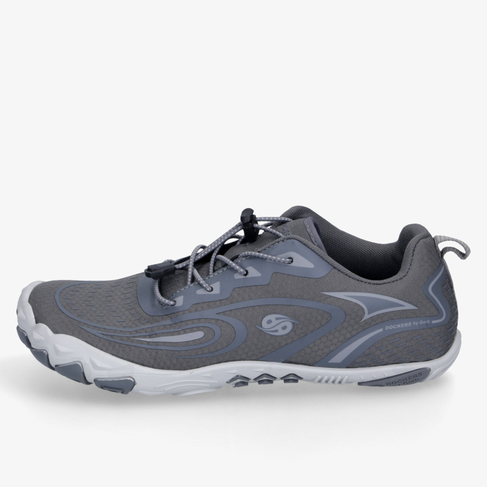 Leichter, sportlicher Barfußschuh in grauer Farbe mit flexiblem Design und robuster Sohle seitlich