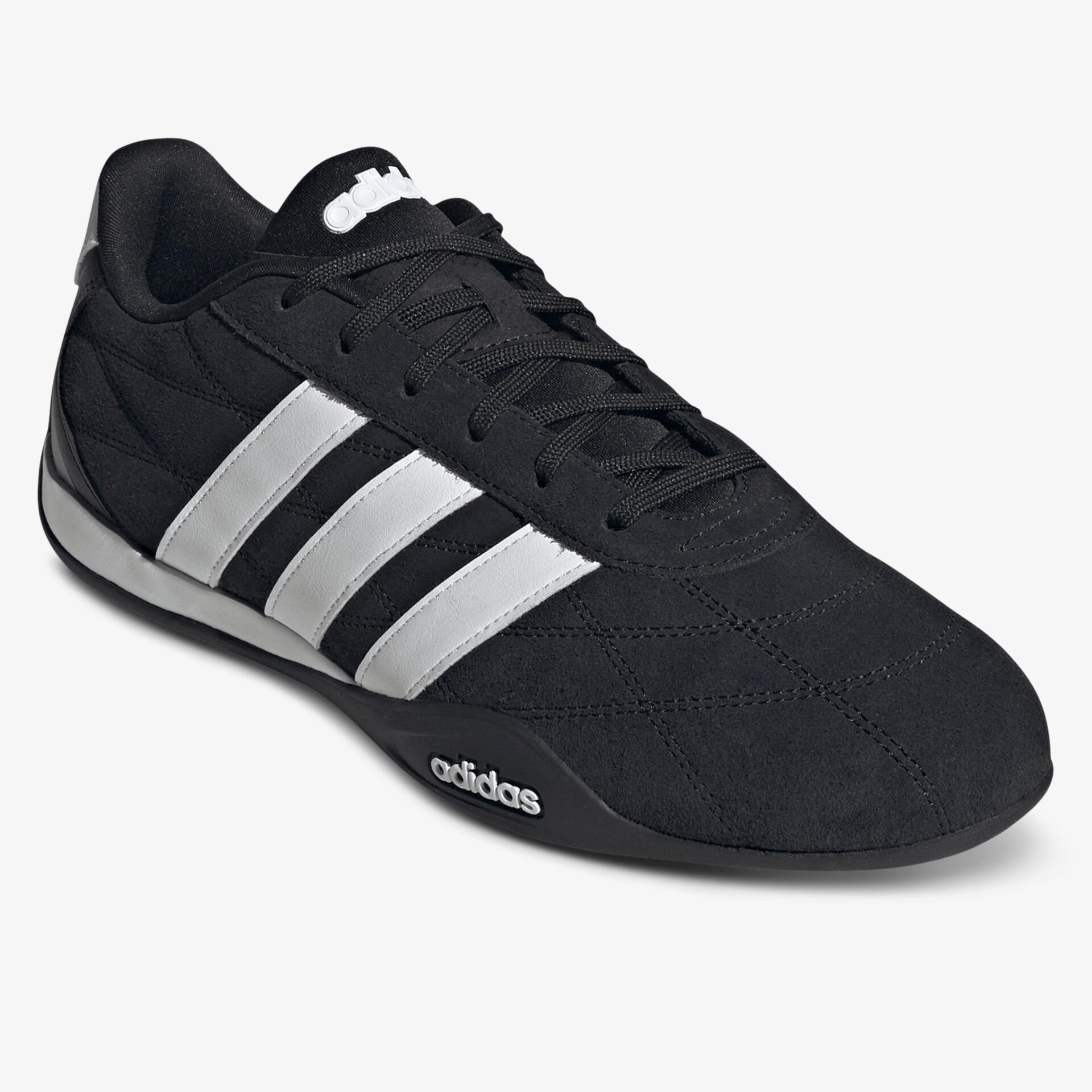 Schwarzer Sneaker mit weißen drei Streifen und leichter Sohle, sportliches und bequemes Design