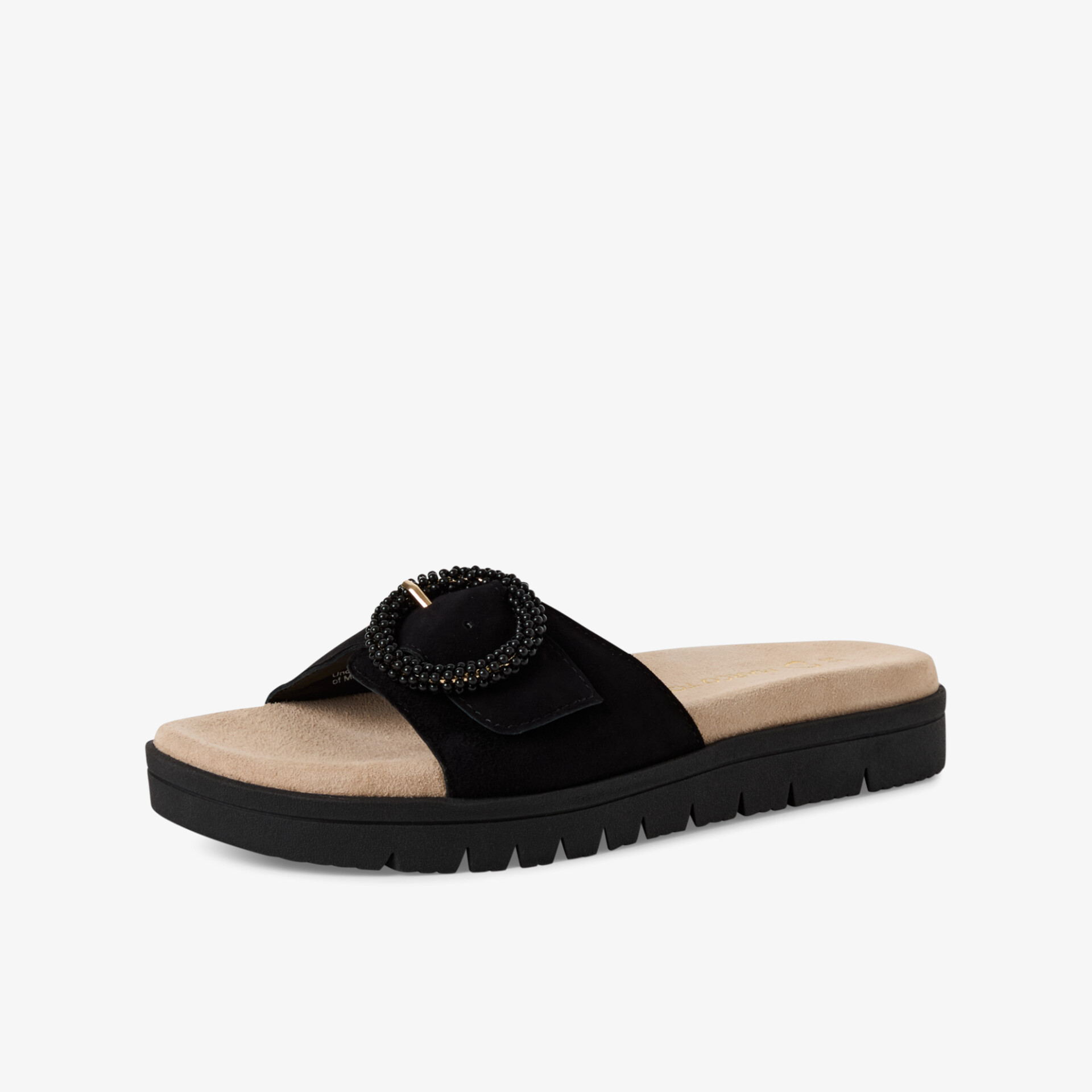 Bequeme schwarze Sandale mit weichem Fußbett und profilierter Sohle für hohen Tragekomfort