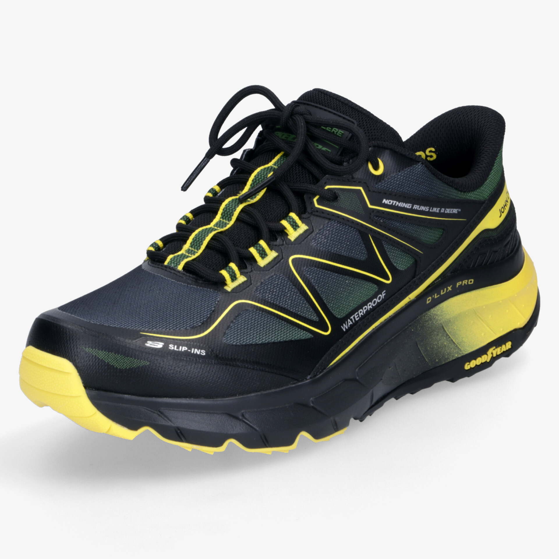 Moderner schwarz-gelber Sportschuh mit stoßdämpfender Sohle und atmungsaktivem, robustem Material