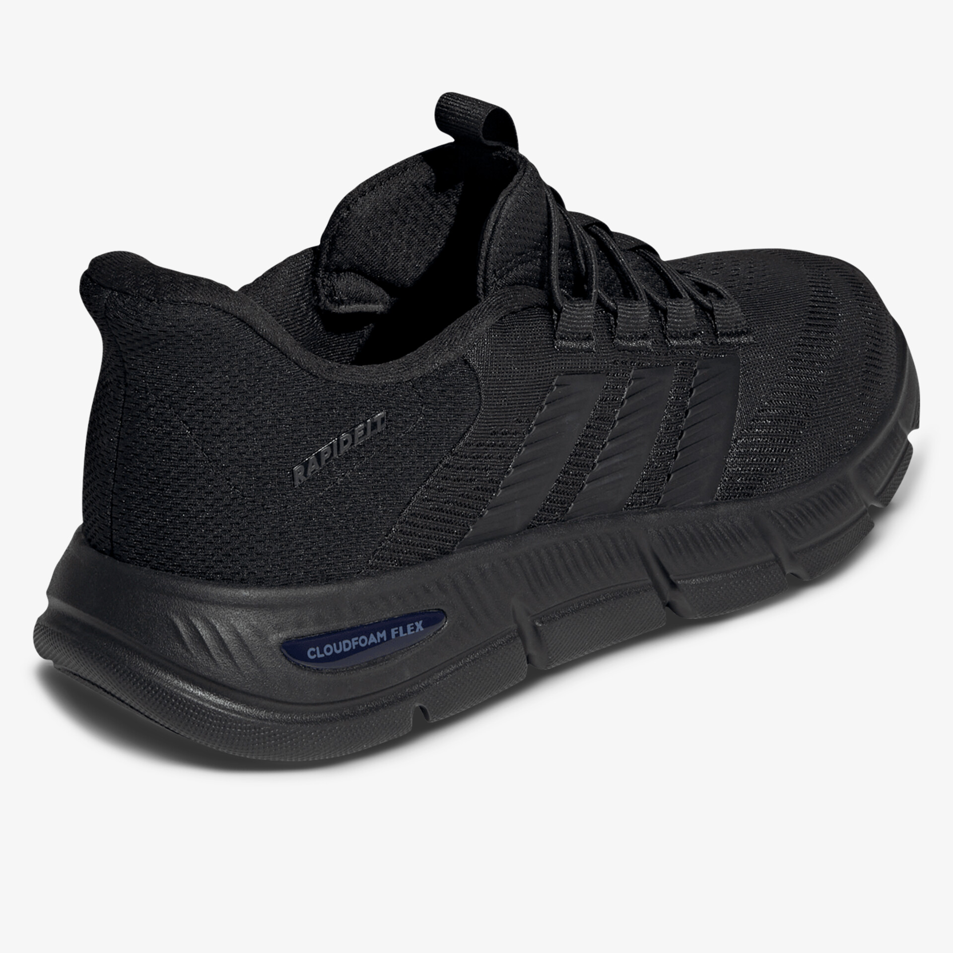 Leichter schwarzer Laufschuh mit flexibler Sohle und atmungsaktivem Obermaterial, seitliche Ansicht