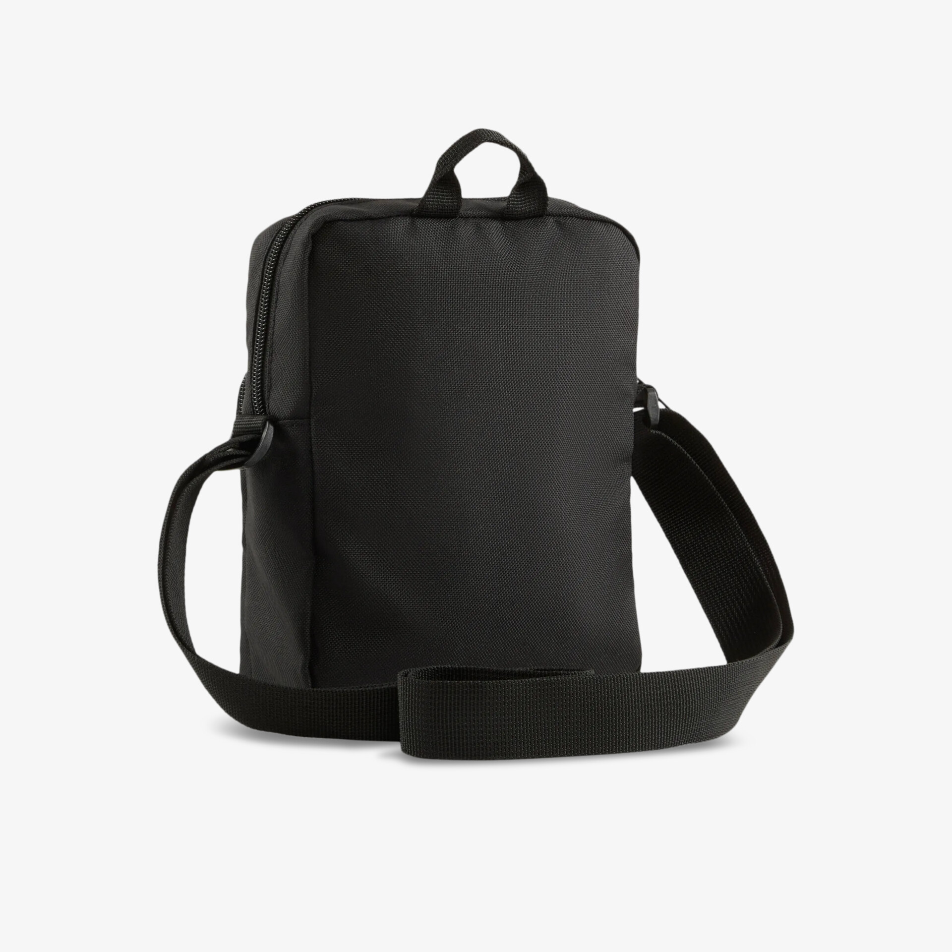 Schwarze kompakte Umhängetasche mit verstellbarem Riemen, schlichtem Design und praktischer Handhabung