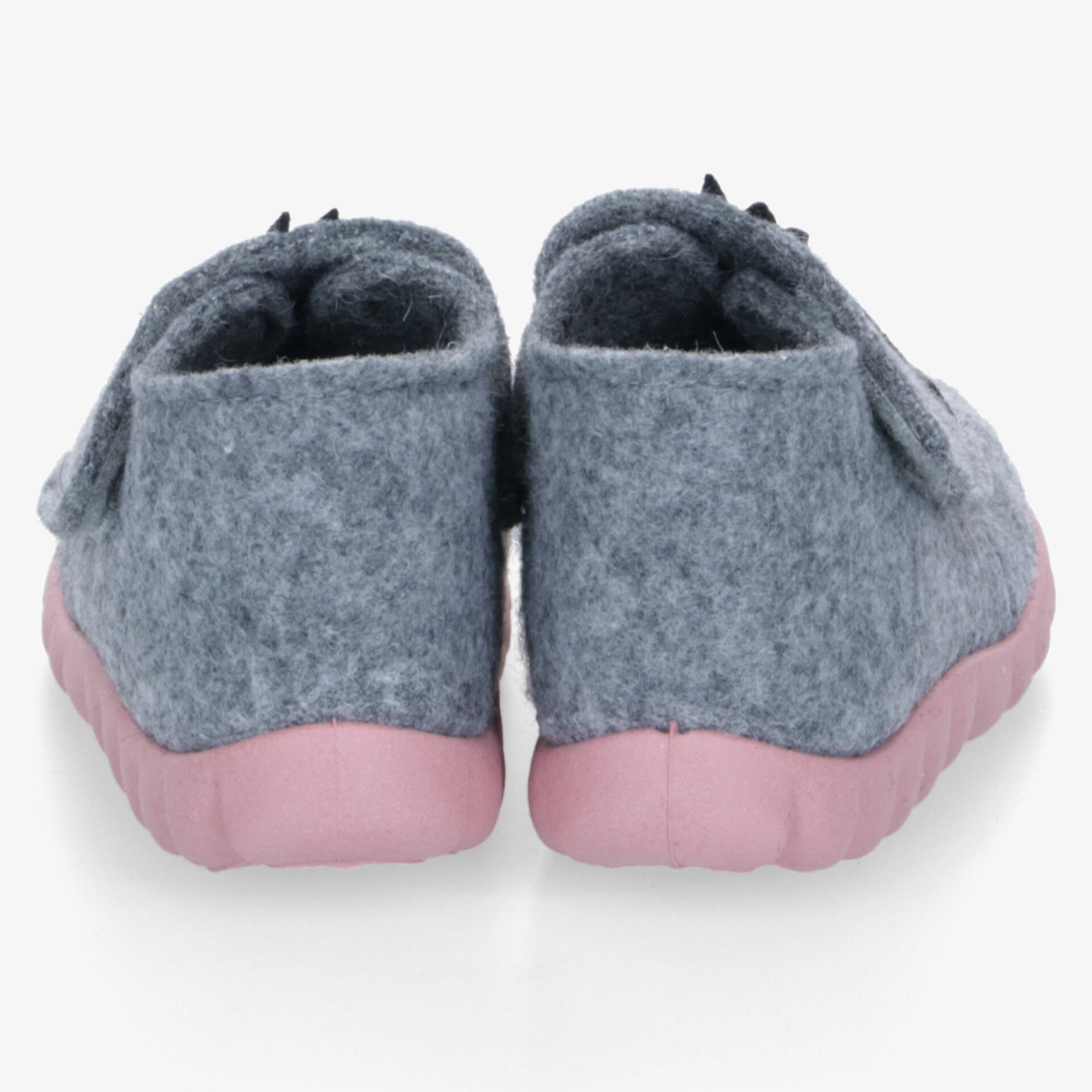 Weiche graue Wollfilz Hausschuhe mit rosa rutschfester Sohle, komfortabel und warm, Paar von hinten