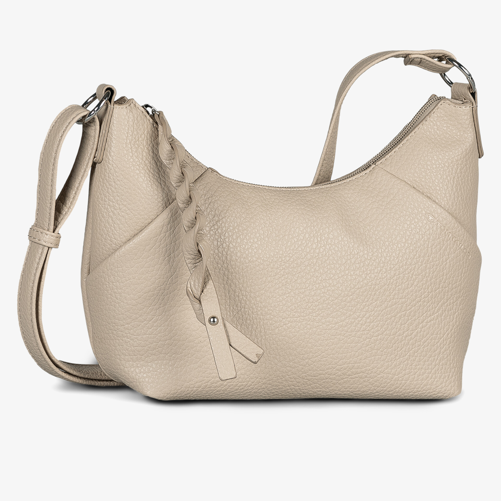 Beige kleine Umhängetasche mit strukturierter Oberfläche und verstellbarem Schulterriemen für vielseitige Nutzung